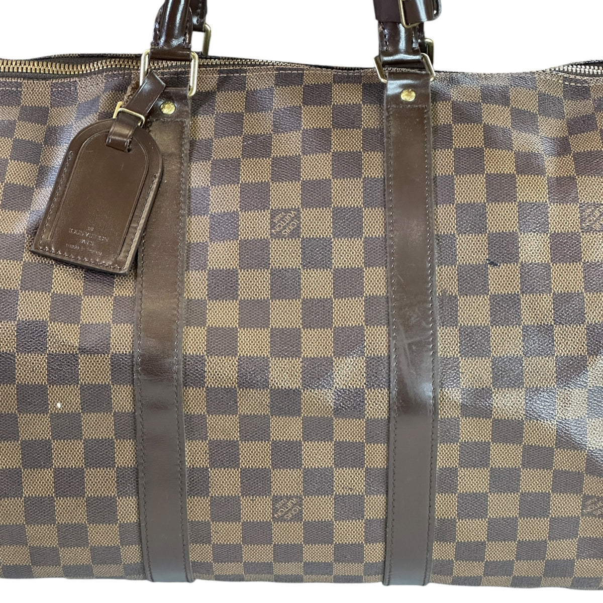 Louis Vuitton Damier Ebene Keepall 55 Brown Leather Travel Bag