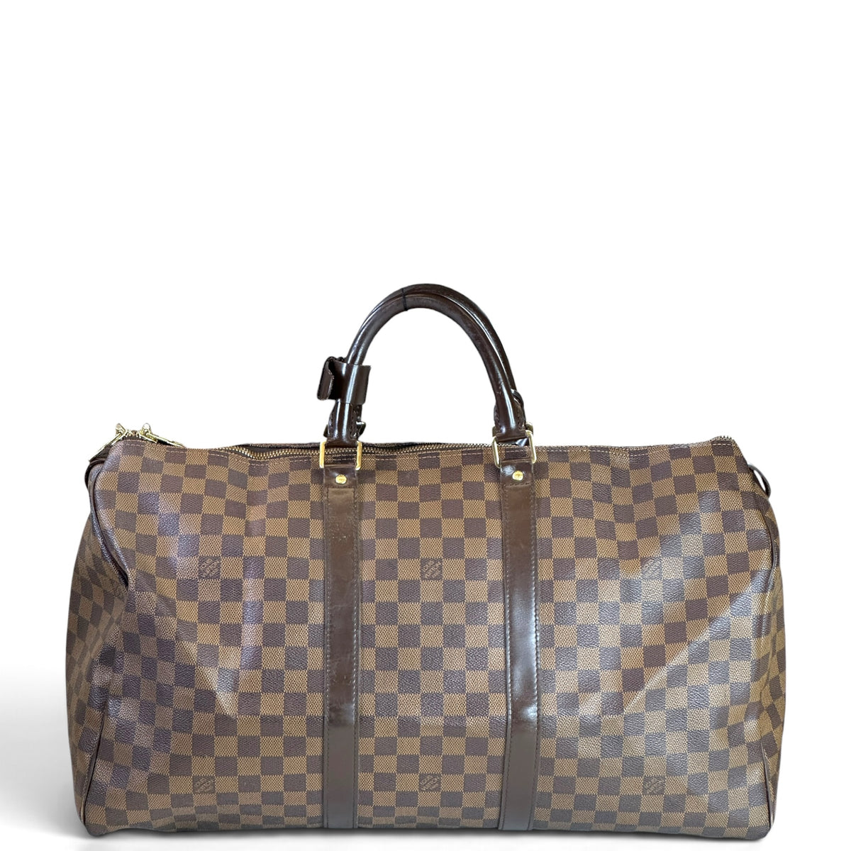 Louis Vuitton Damier Ebene Keepall 55 Brown Leather Travel Bag