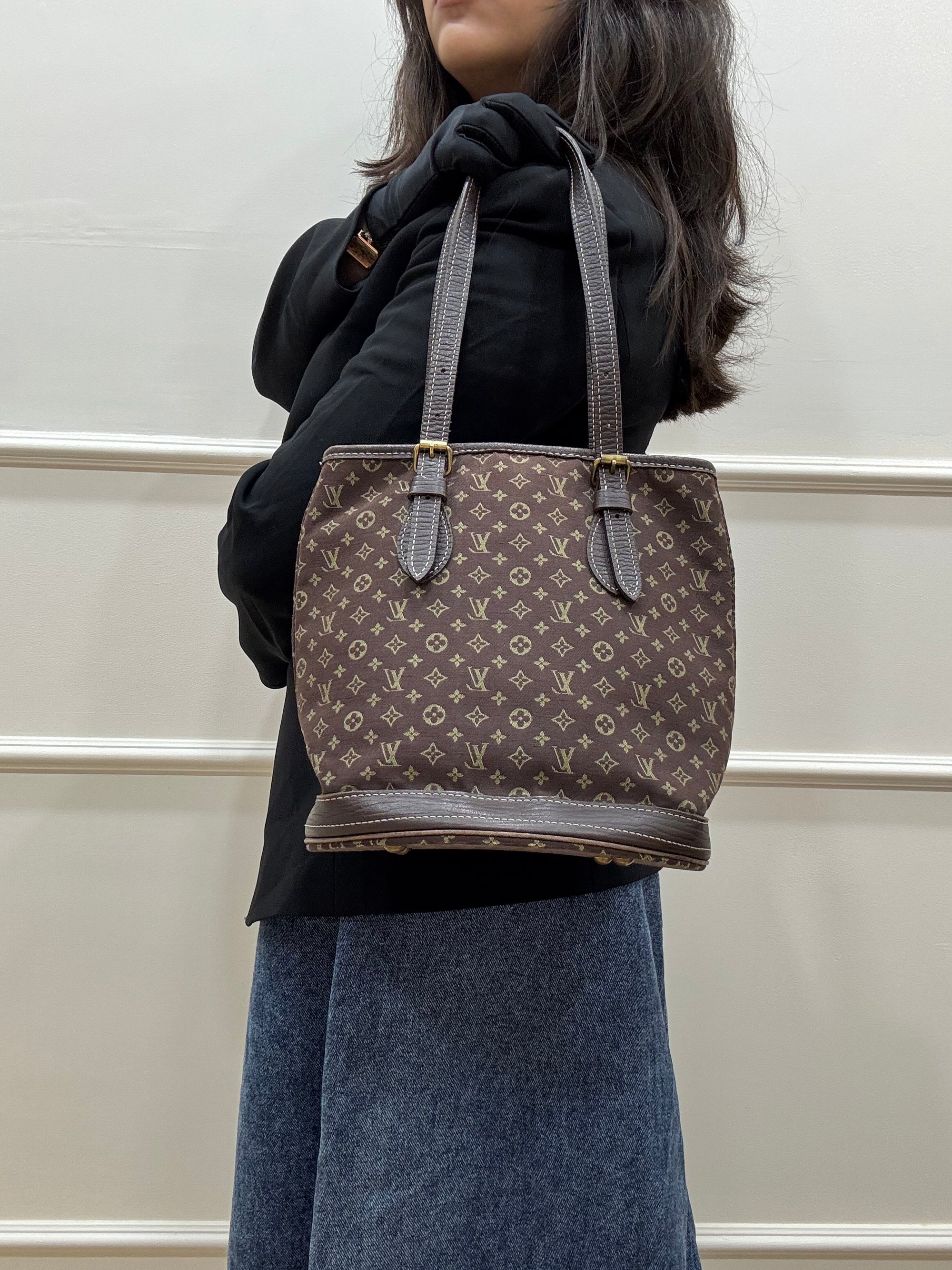 Louis Vuitton Bucket PM Mini Monogram Brown Denim Leather Shoulder Tote Handbag