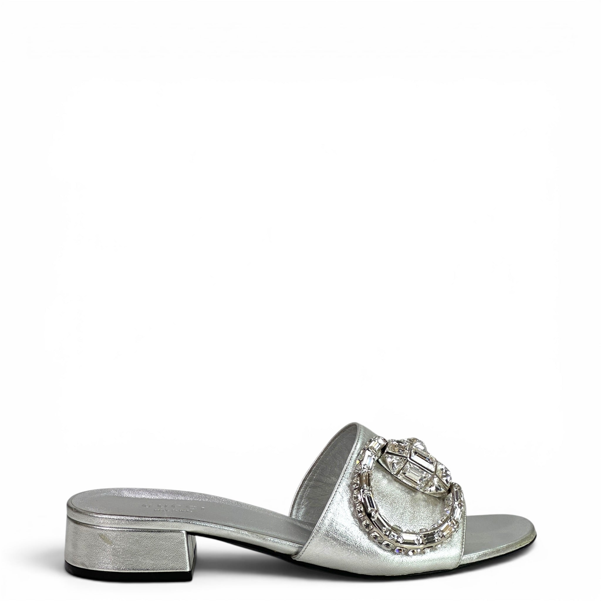 Gucci Maxime Metallic Silver Leather Slide Sandals EU 37