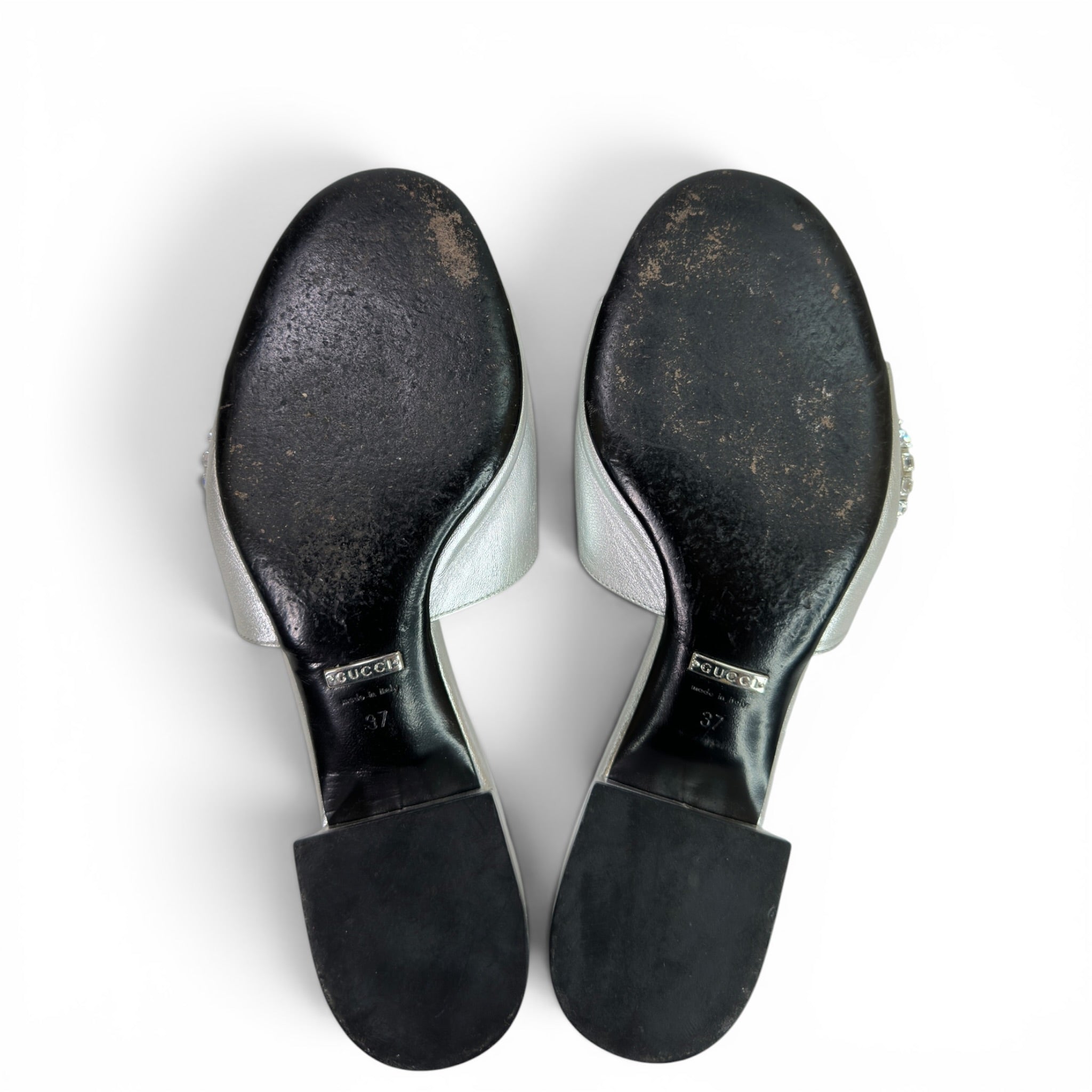 Gucci Maxime Metallic Silver Leather Slide Sandals EU 37