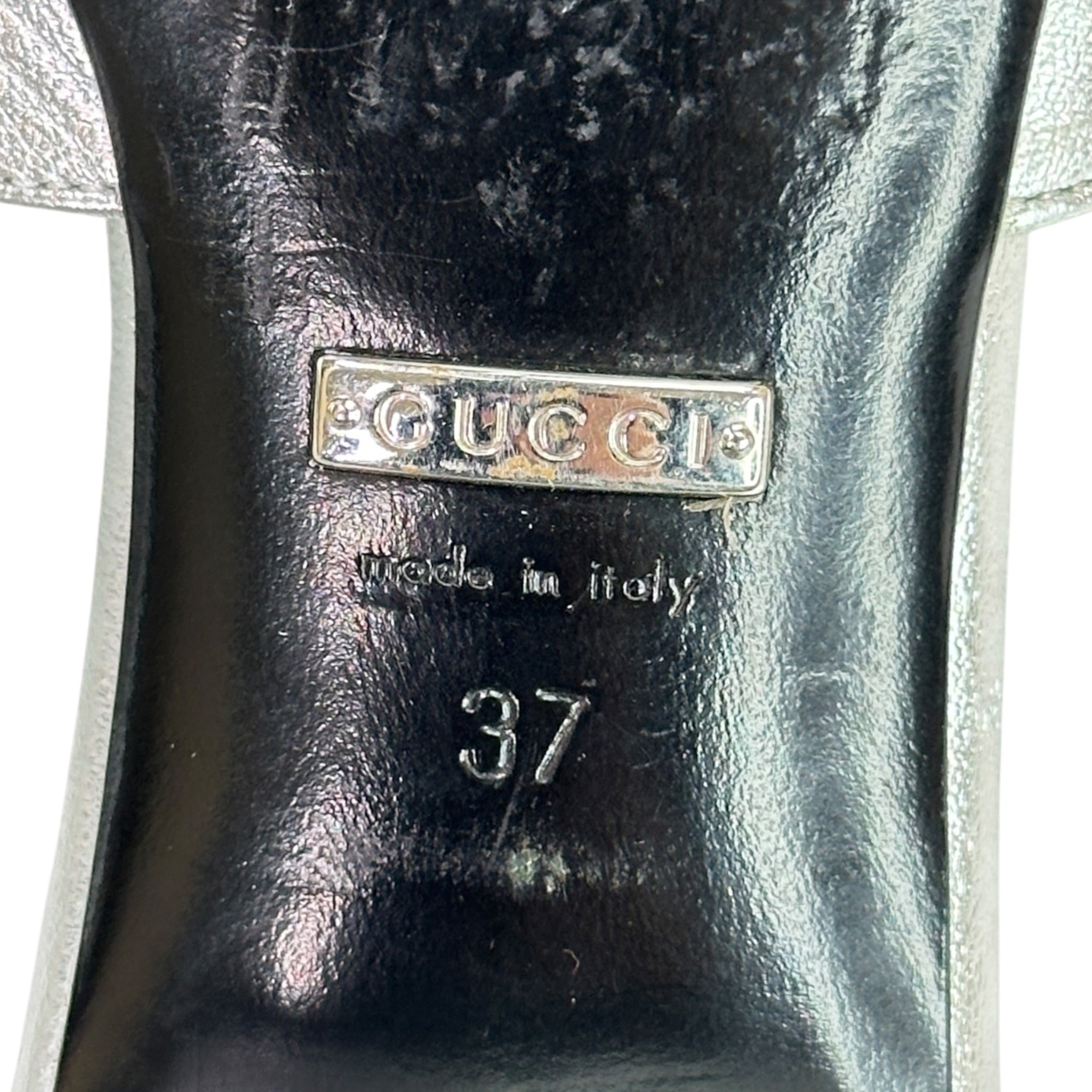 Gucci Maxime Metallic Silver Leather Slide Sandals EU 37