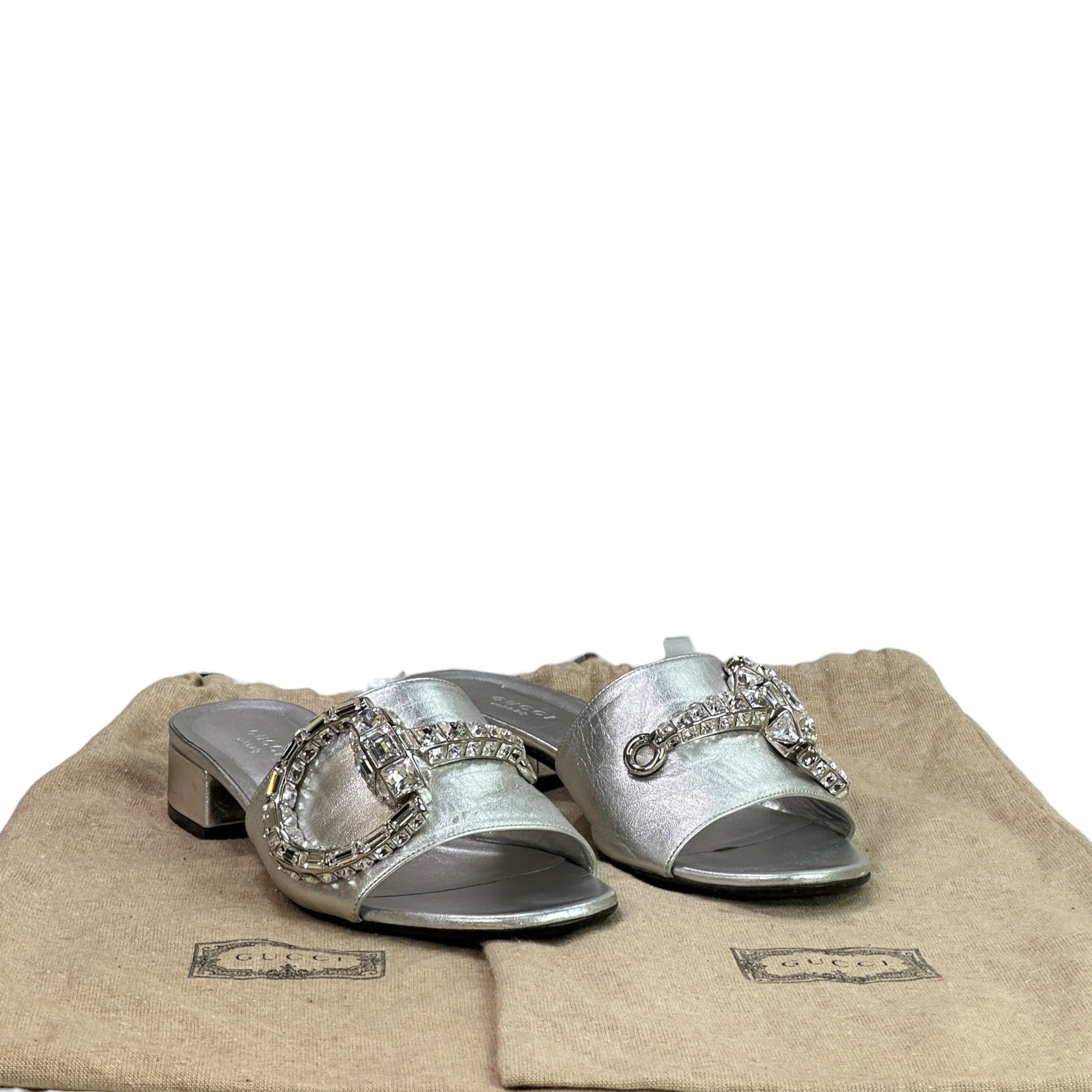 Gucci Maxime Metallic Silver Leather Slide Sandals EU 37