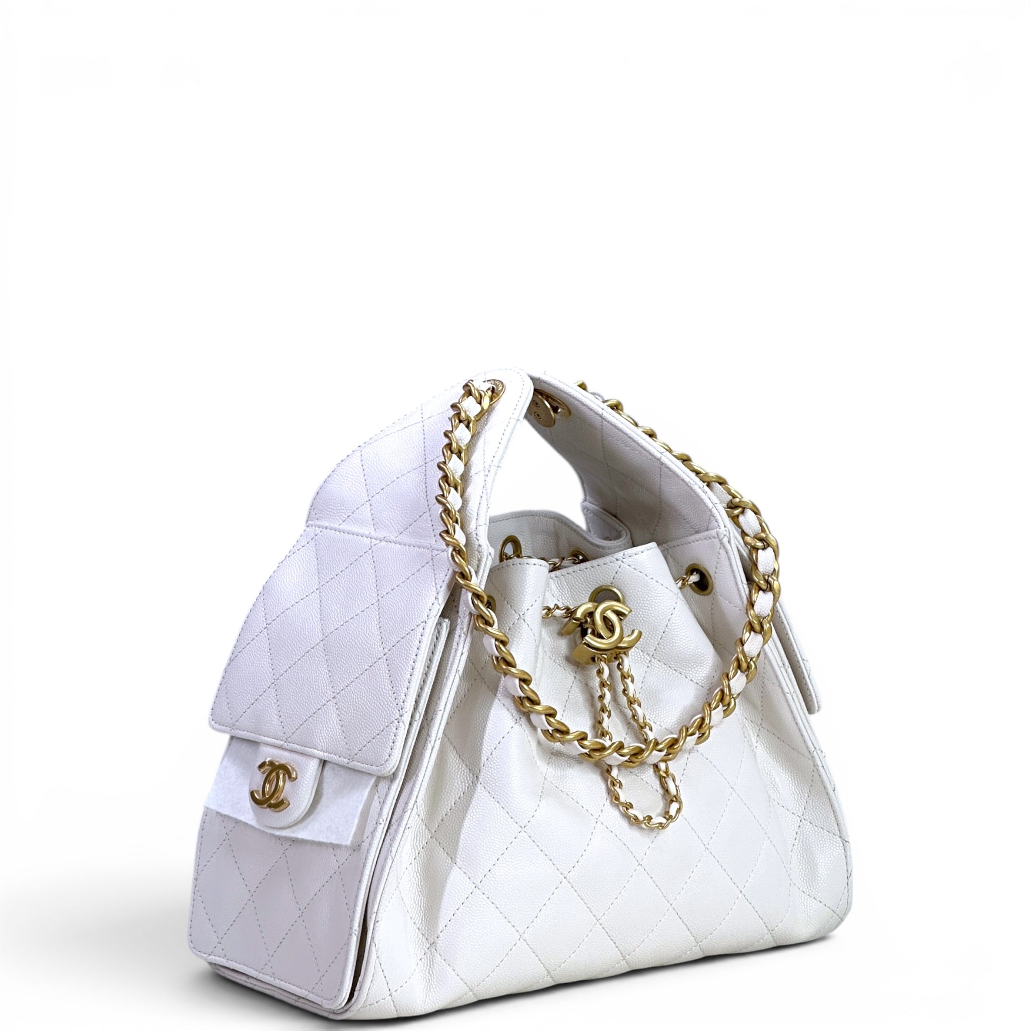 Chanel 25 Small Handbag White Grained Calfskin