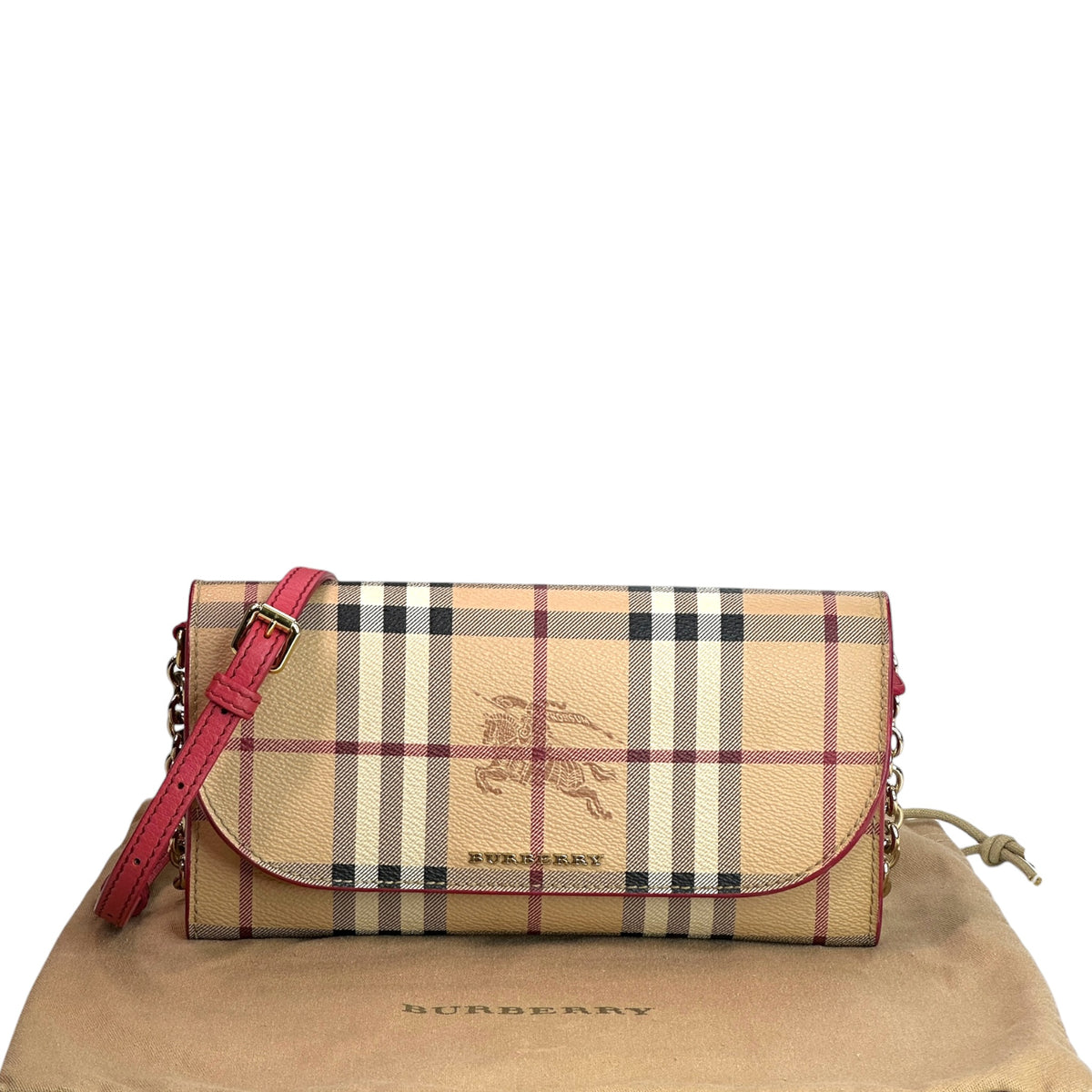 Burberry Haymarket Check Coral Leather Wallet on Chain Bag