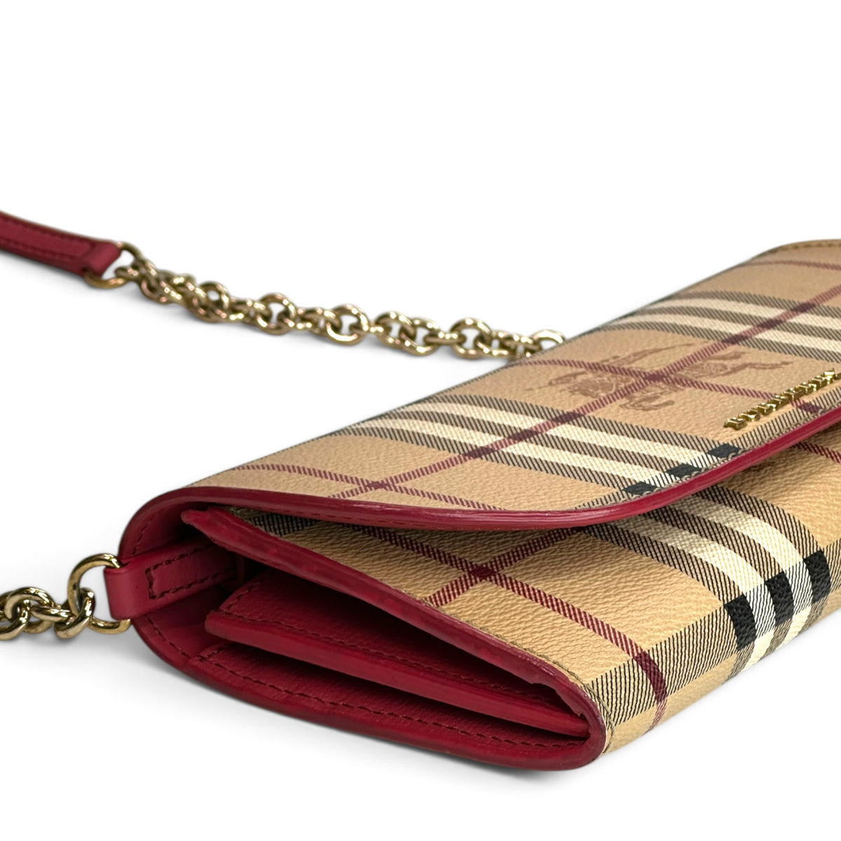 Burberry Haymarket Check Coral Leather Wallet on Chain Bag