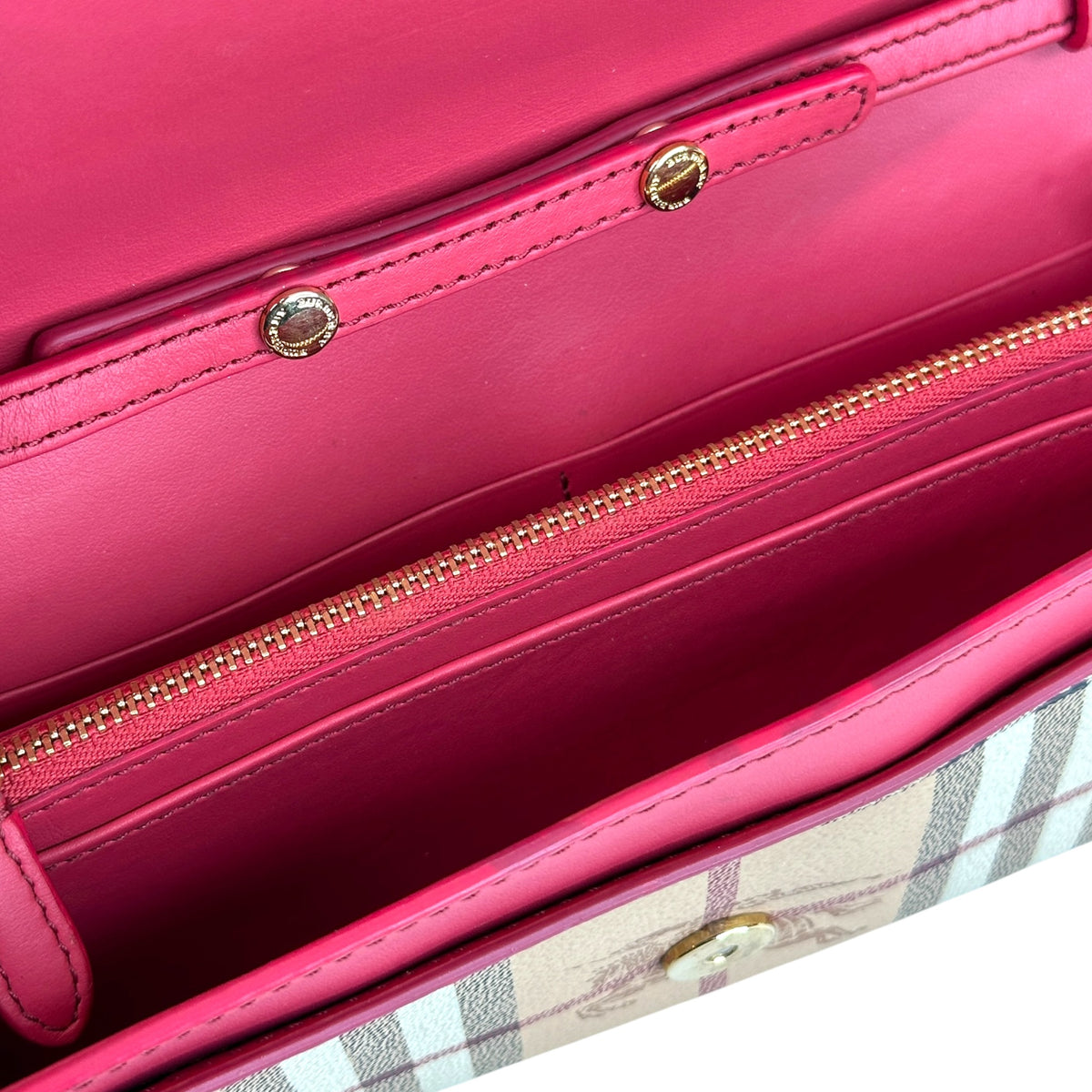 Burberry Haymarket Check Coral Leather Wallet on Chain Bag