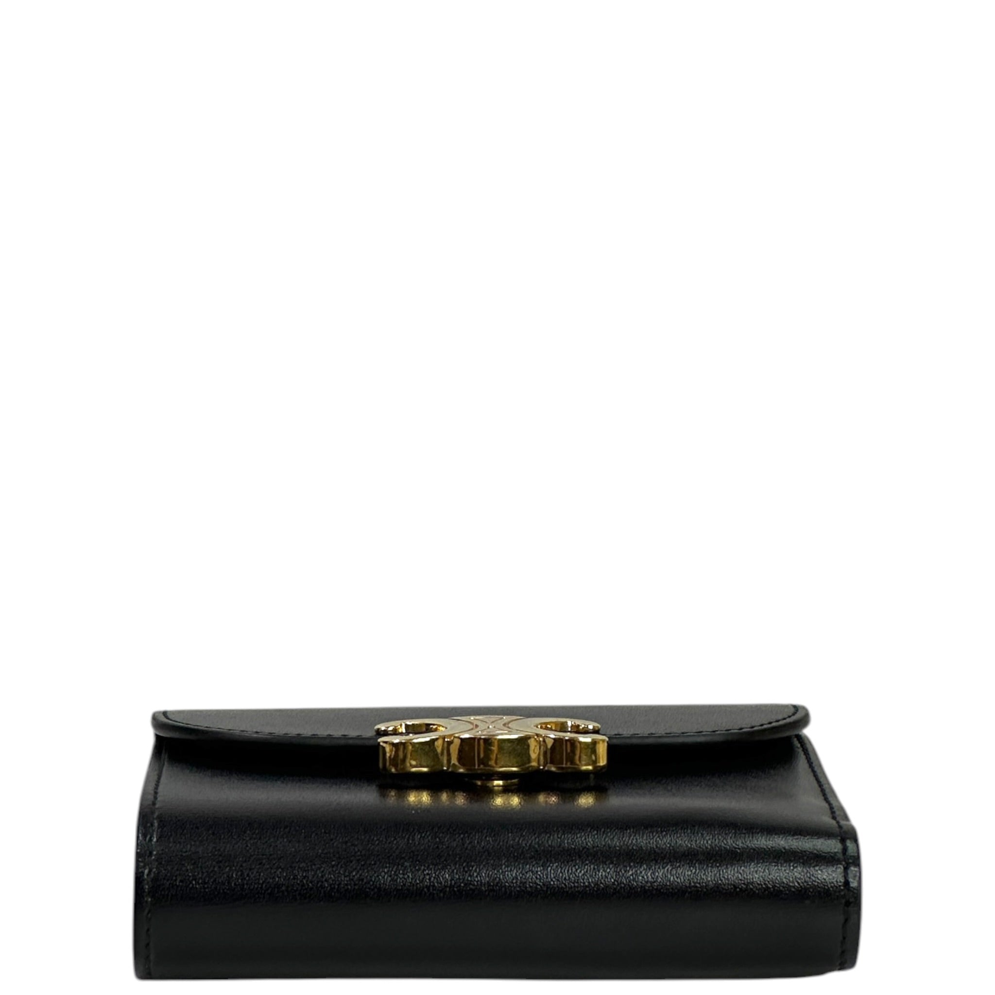 Celine Triomphe Compact Wallet Small Black Shiny Calfskin