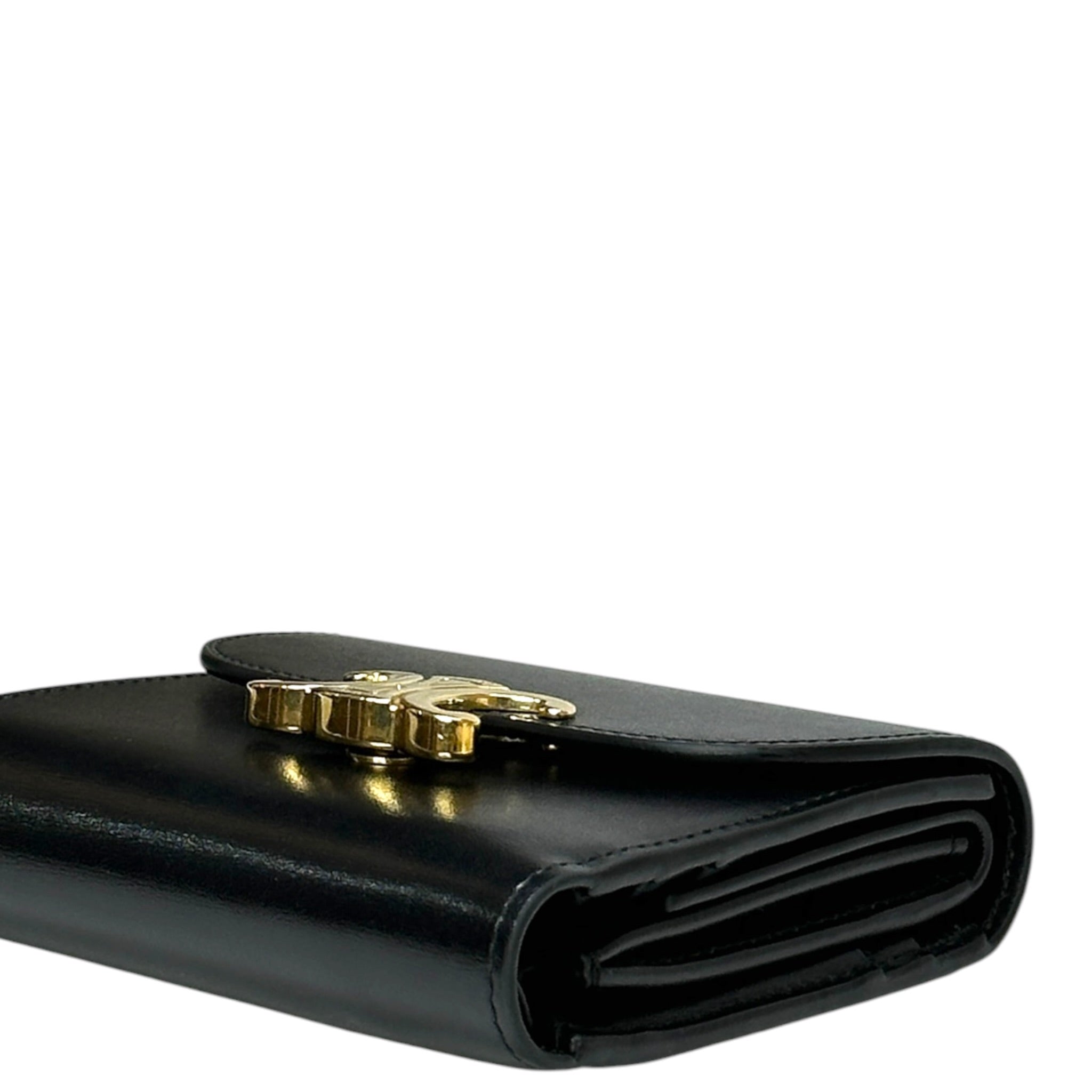 Celine Triomphe Compact Wallet Small Black Shiny Calfskin
