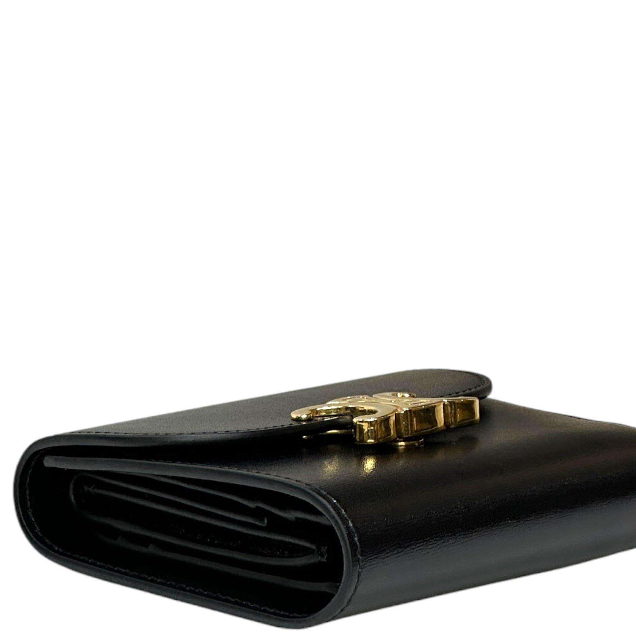Celine Triomphe Compact Wallet Small Black Shiny Calfskin