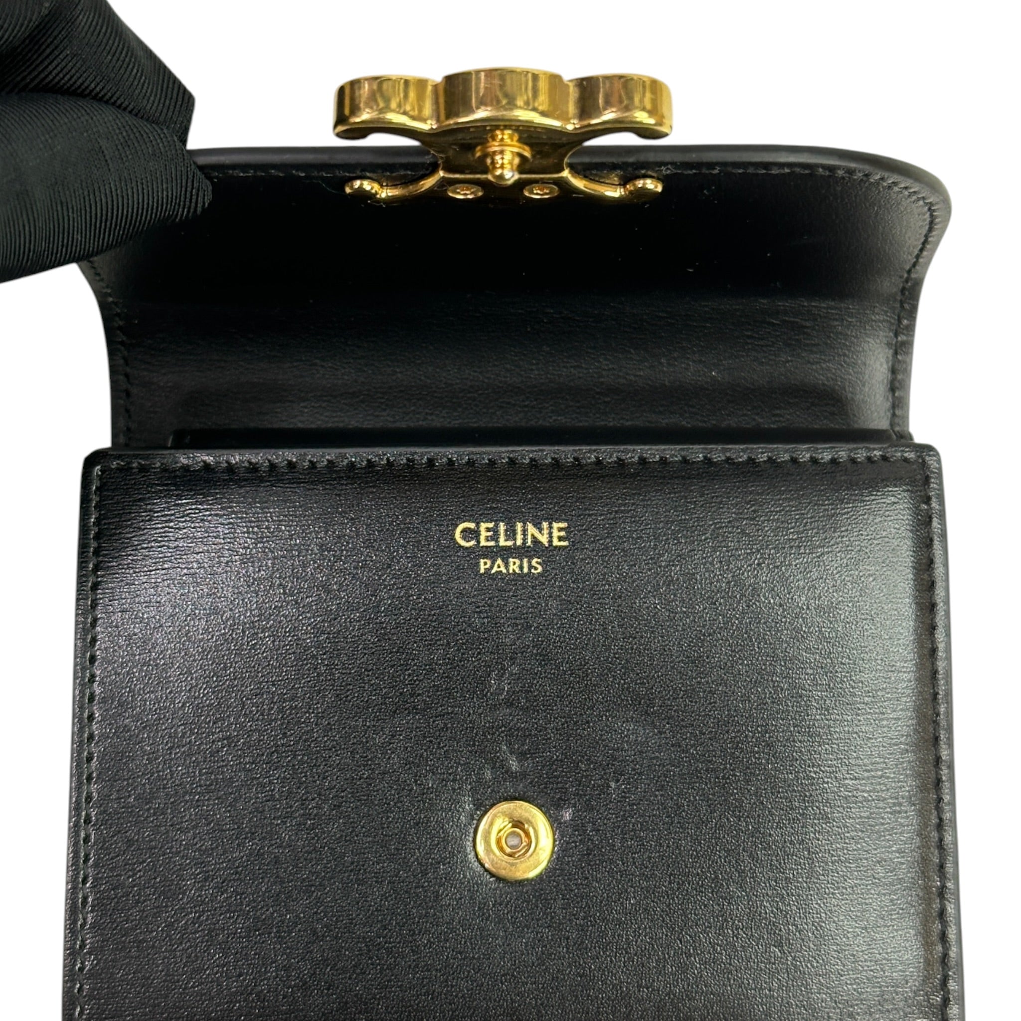 Celine Triomphe Compact Wallet Small Black Shiny Calfskin