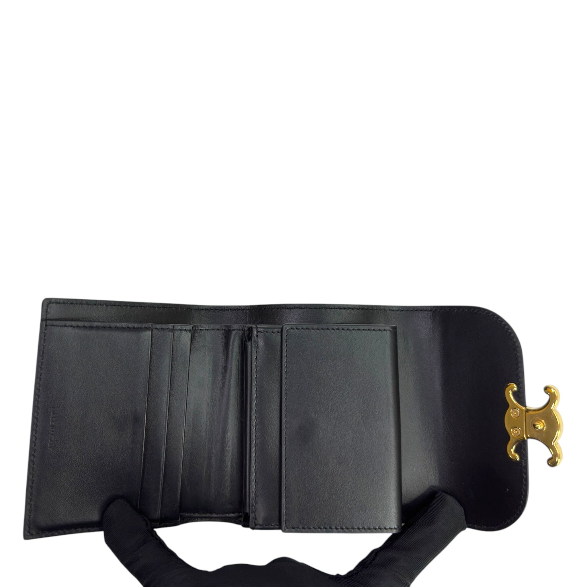 Celine Triomphe Compact Wallet Small Black Shiny Calfskin