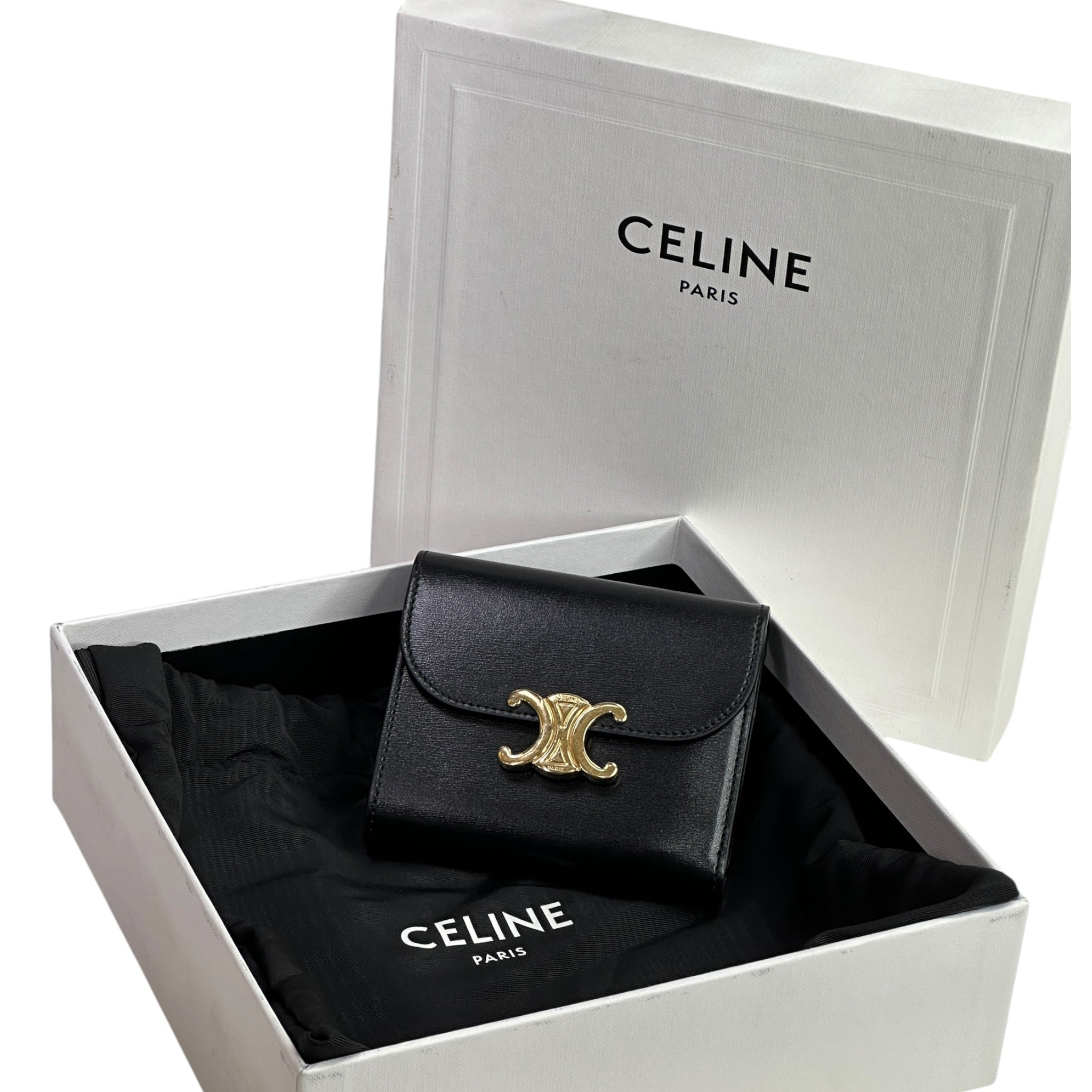 Celine Triomphe Compact Wallet Small Black Shiny Calfskin
