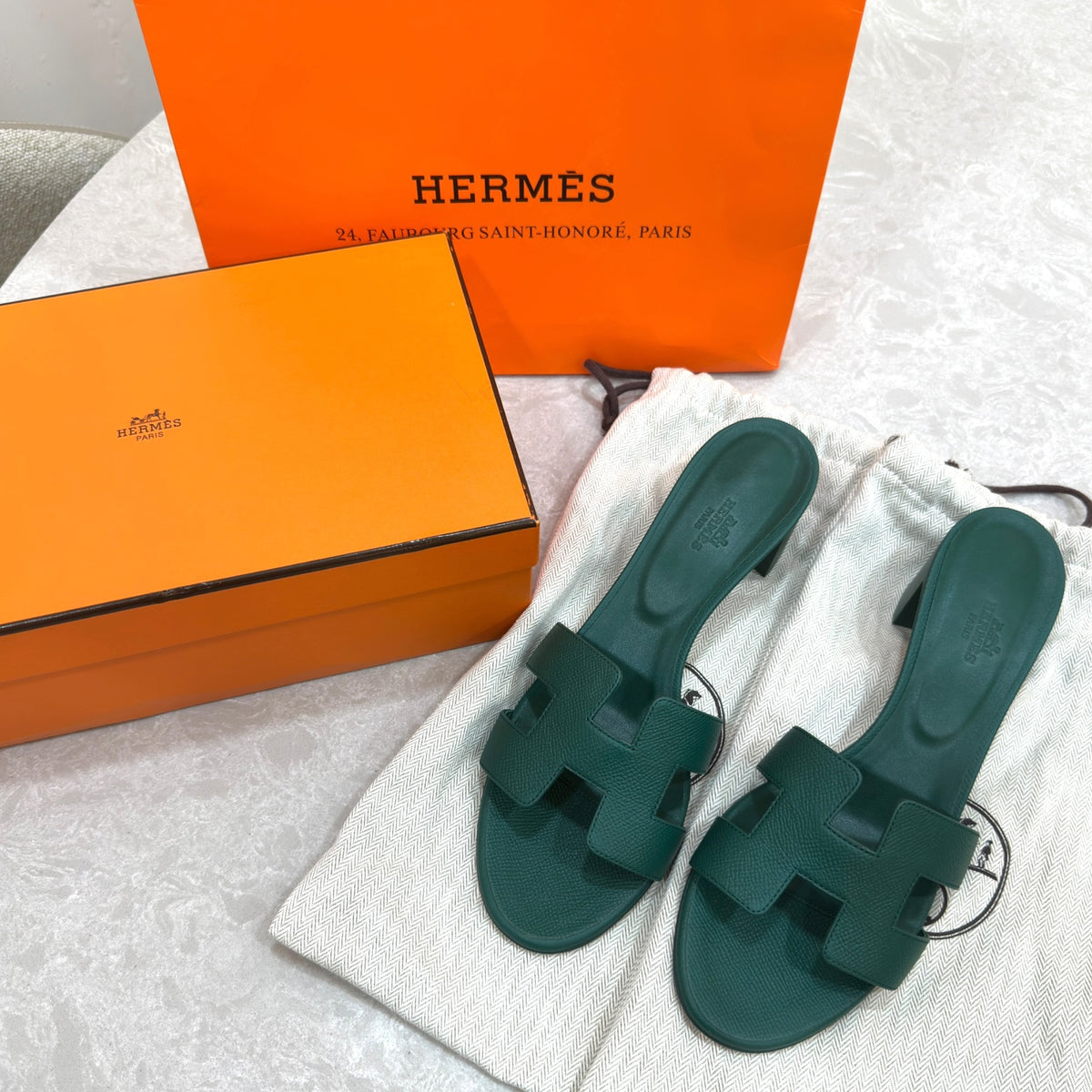 Hermes Oasis Green Epsom Calfskin block heel sandal EU 40.5