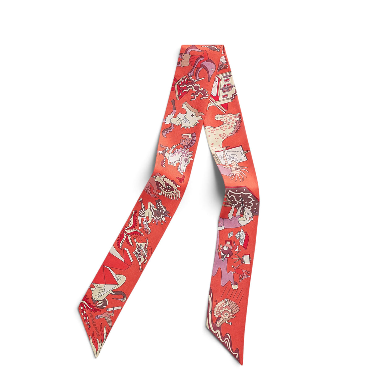 Hermes Academia Hippica Orange Silk Twilly Scarf 