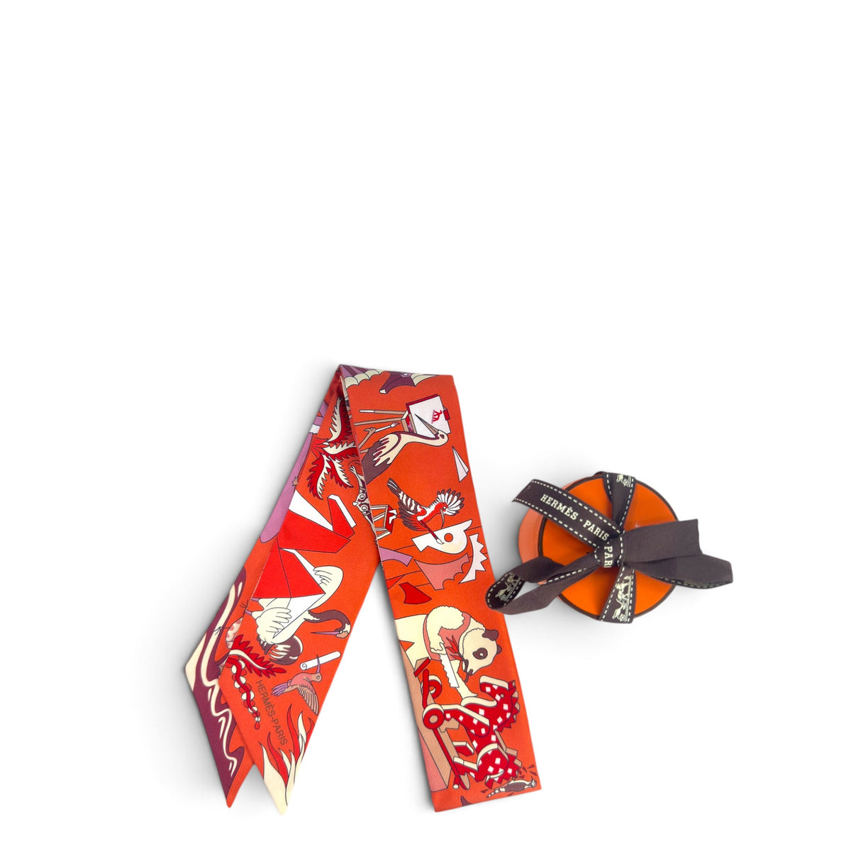 Hermes Academia Hippica Orange Silk Twilly Scarf