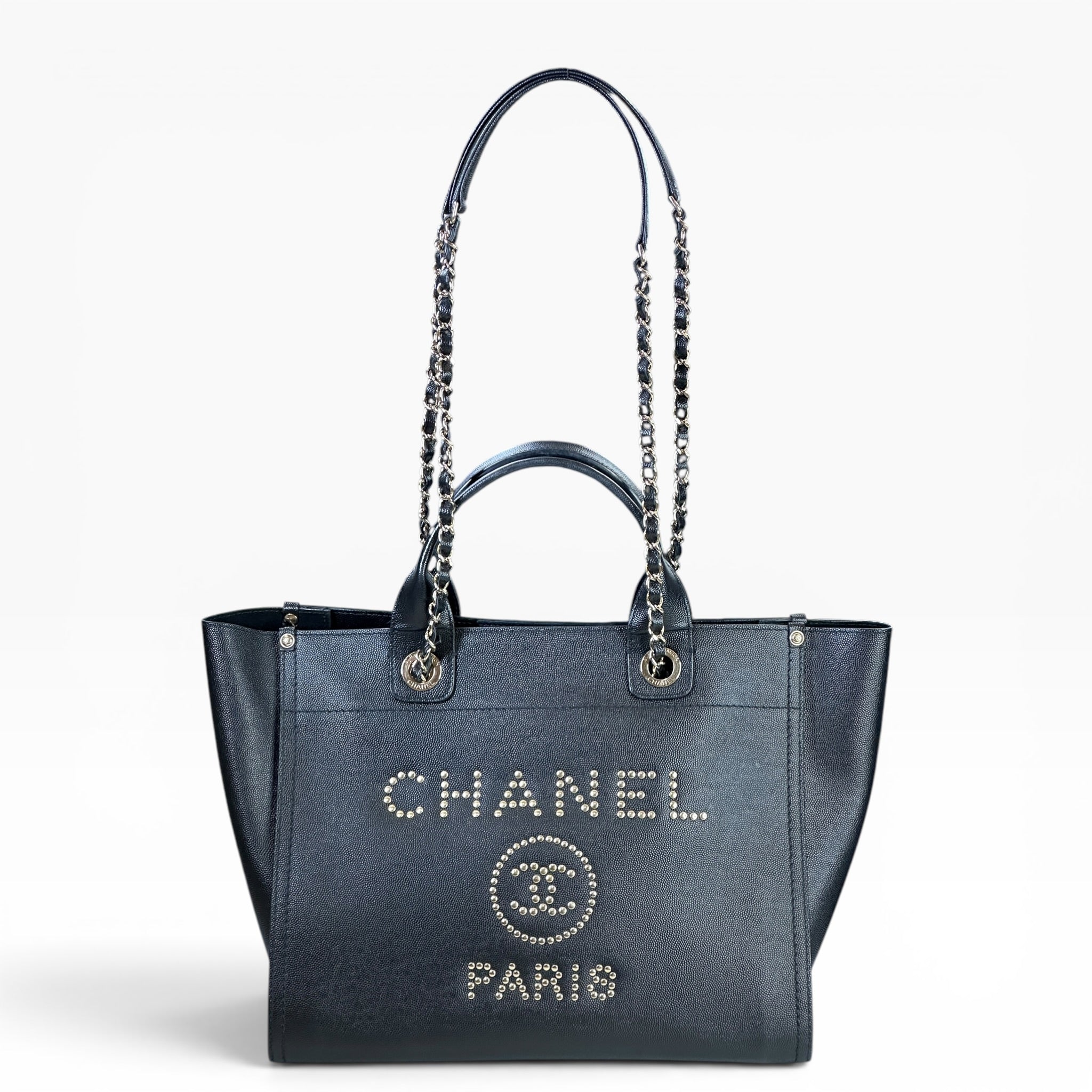Chanel Studded Deauville Black Caviar Leather Medium Tote
