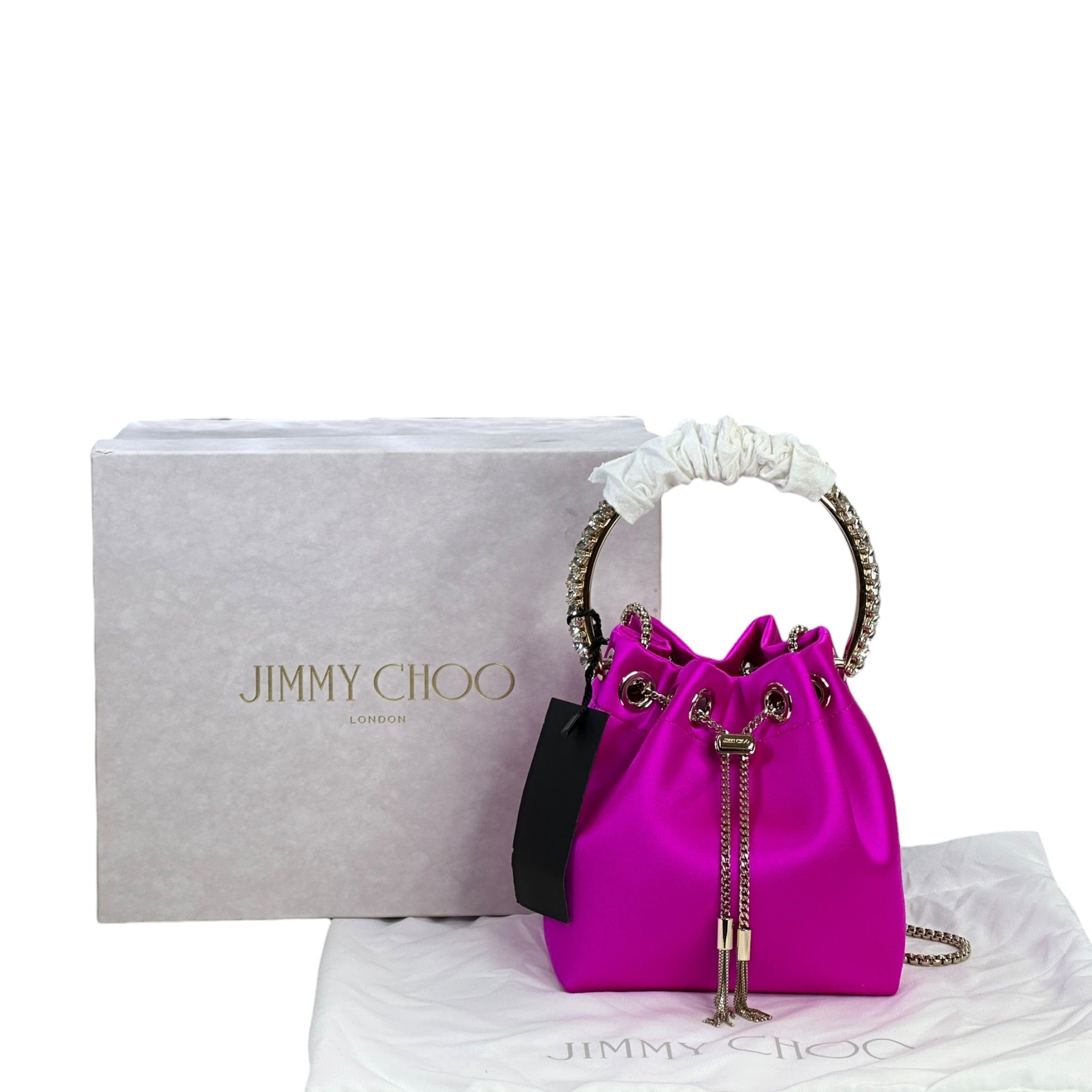 Jimmy Choo Bon Bon Bucket Bag Mini Fuchsia Satin Crystal Embellished