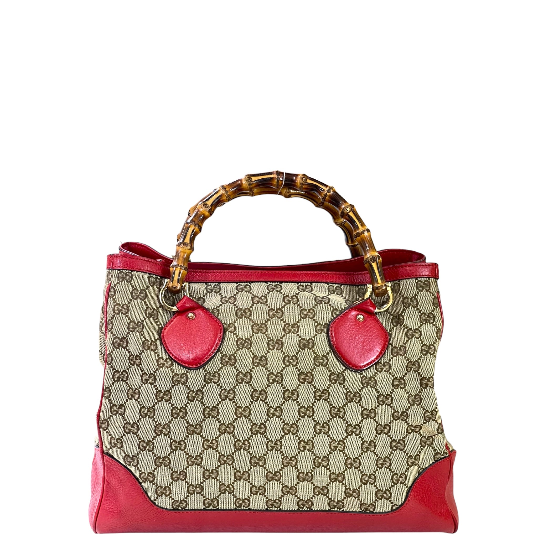 Gucci Diana Bamboo Tote GG Canvas Red Leather