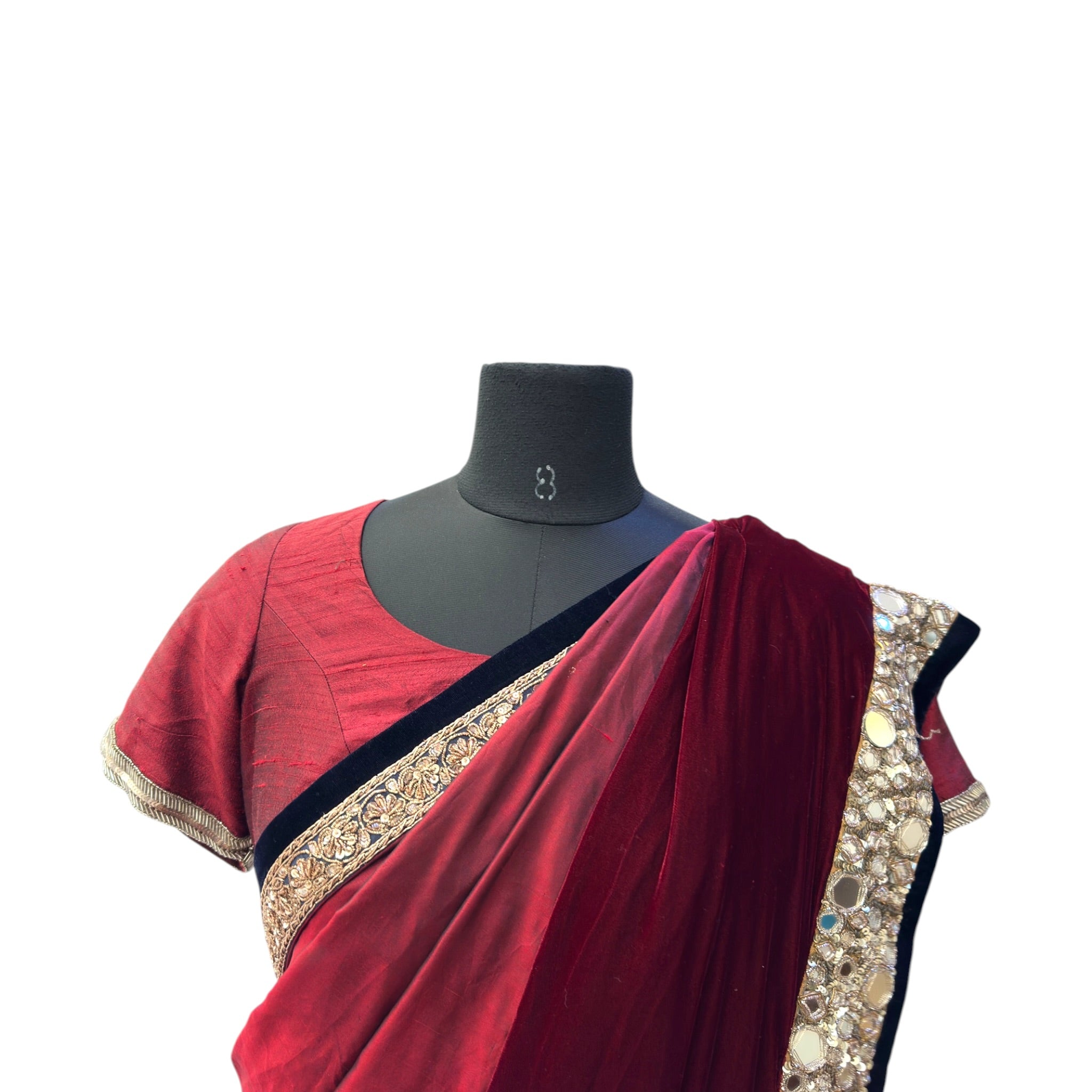 Manish Malhotra Maroon Velvet Saree Set Mirror Embroidery Size M-L