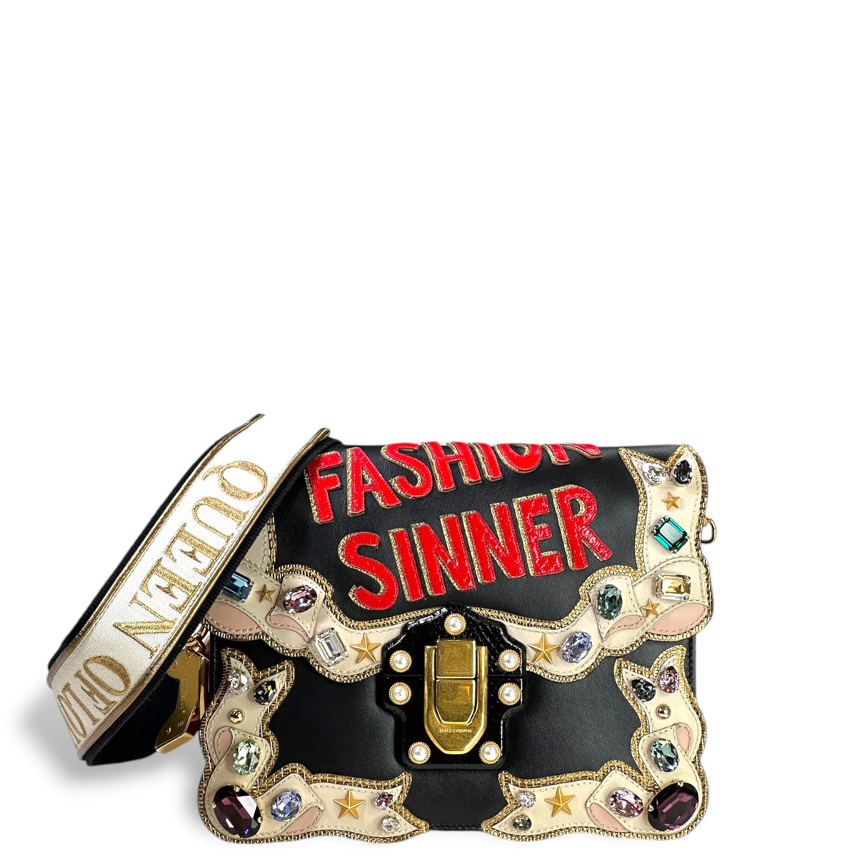 Dolce & Gabbana Lucia "Fashion Sinner" Crystal-Embellished small black leather Shoulder Bag