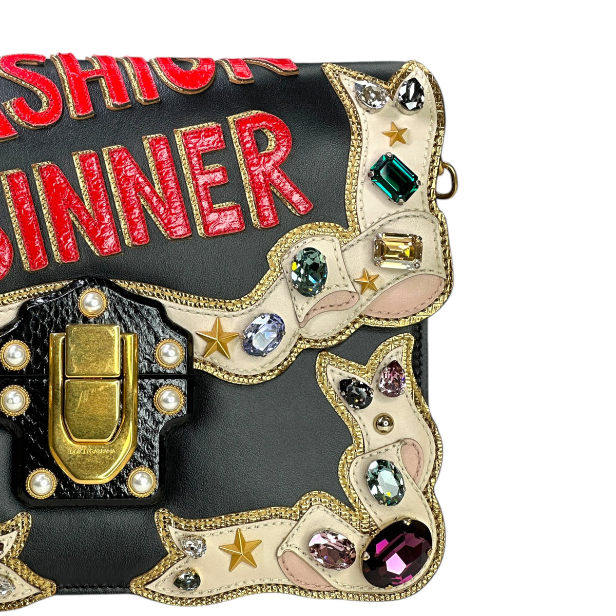 Dolce & Gabbana Lucia "Fashion Sinner" Crystal-Embellished small black leather Shoulder Bag
