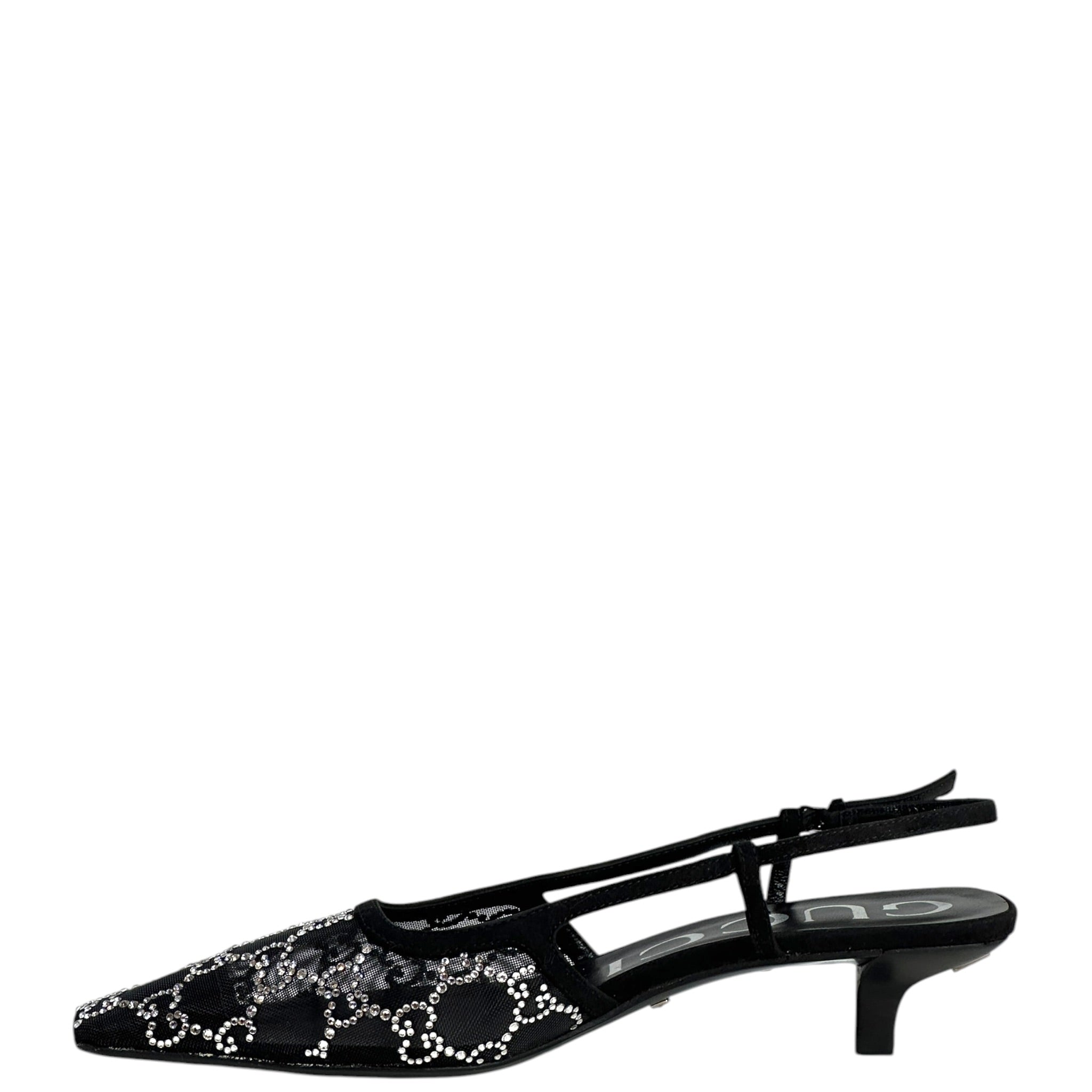 Gucci GG Crystal Slingback Pumps Black Mesh Size 37