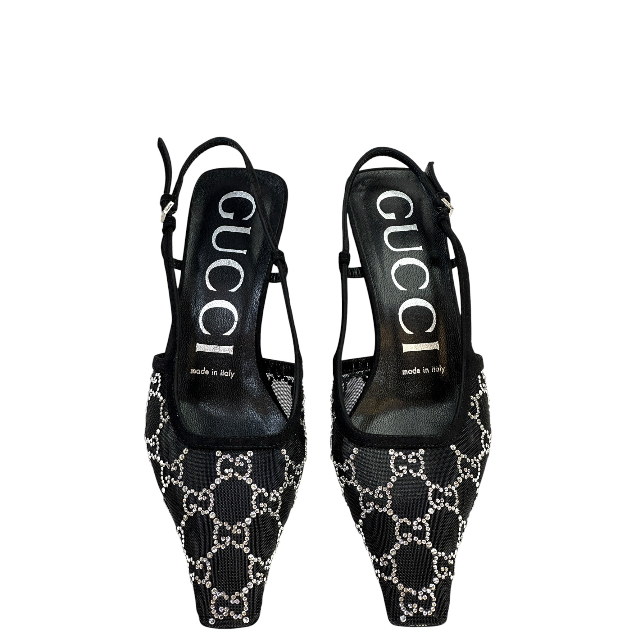 Gucci GG Crystal Slingback Pumps Black Mesh Size 37