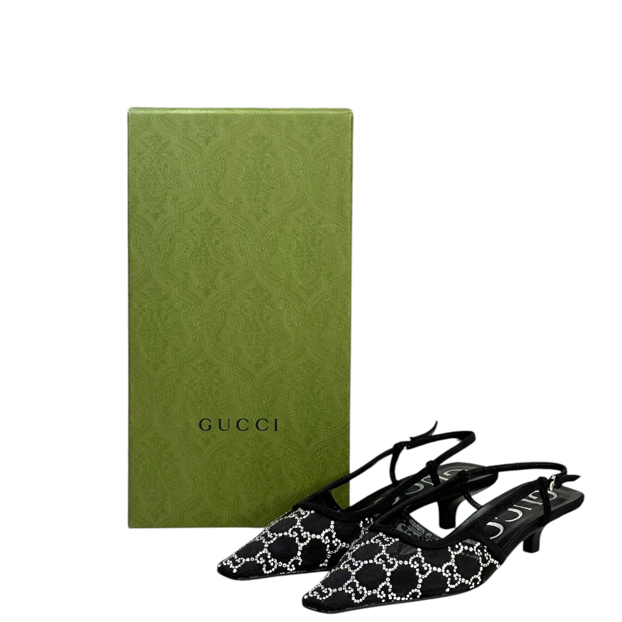 Gucci GG Crystal Slingback Pumps Black Mesh Size 37