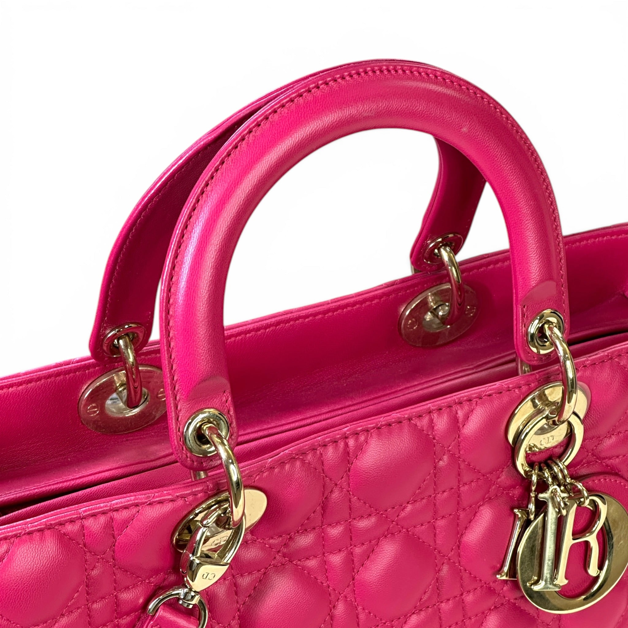 Christian Dior Lady Dior Large Fuchsia Pink Cannage Quilted Lambskin