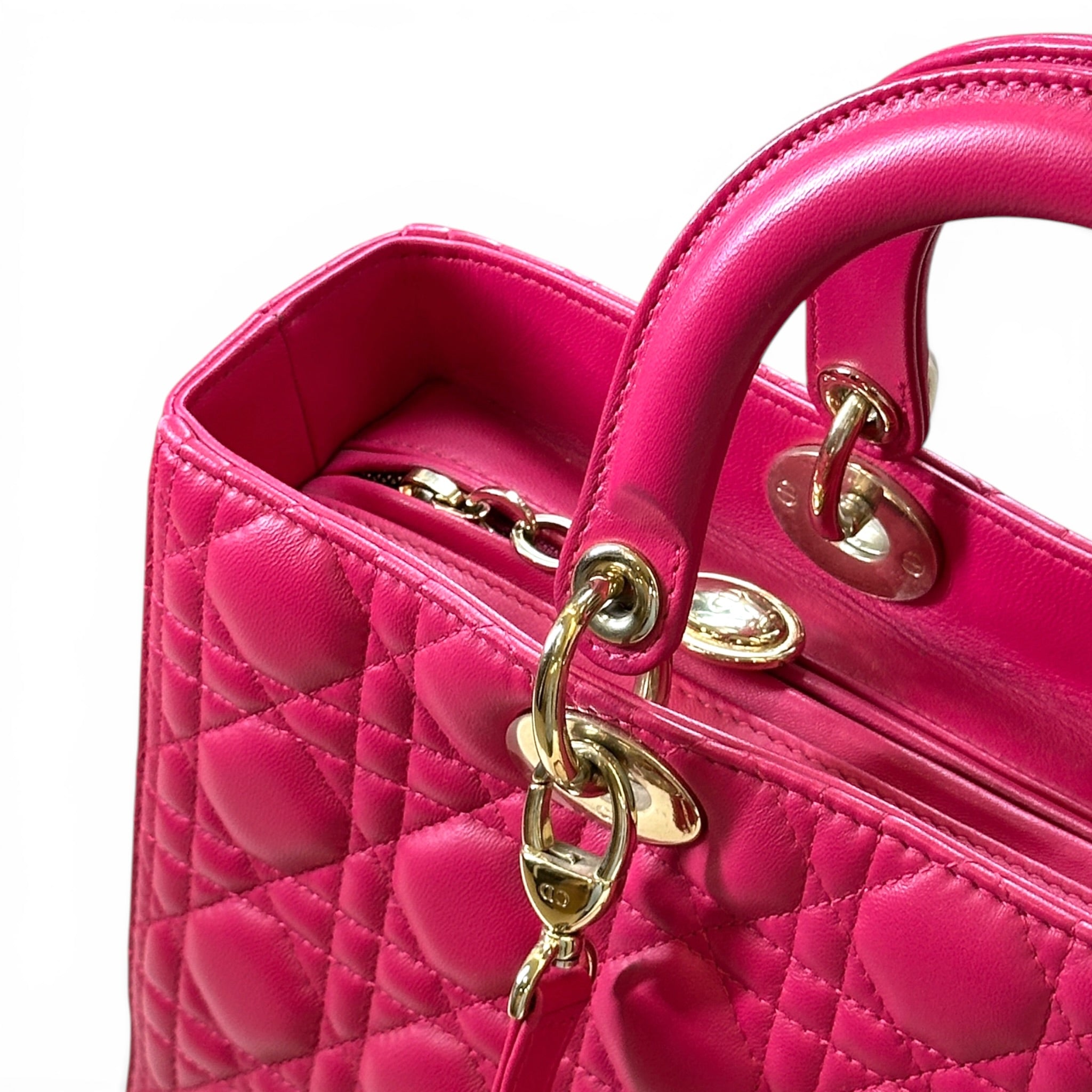 Christian Dior Lady Dior Large Fuchsia Pink Cannage Quilted Lambskin