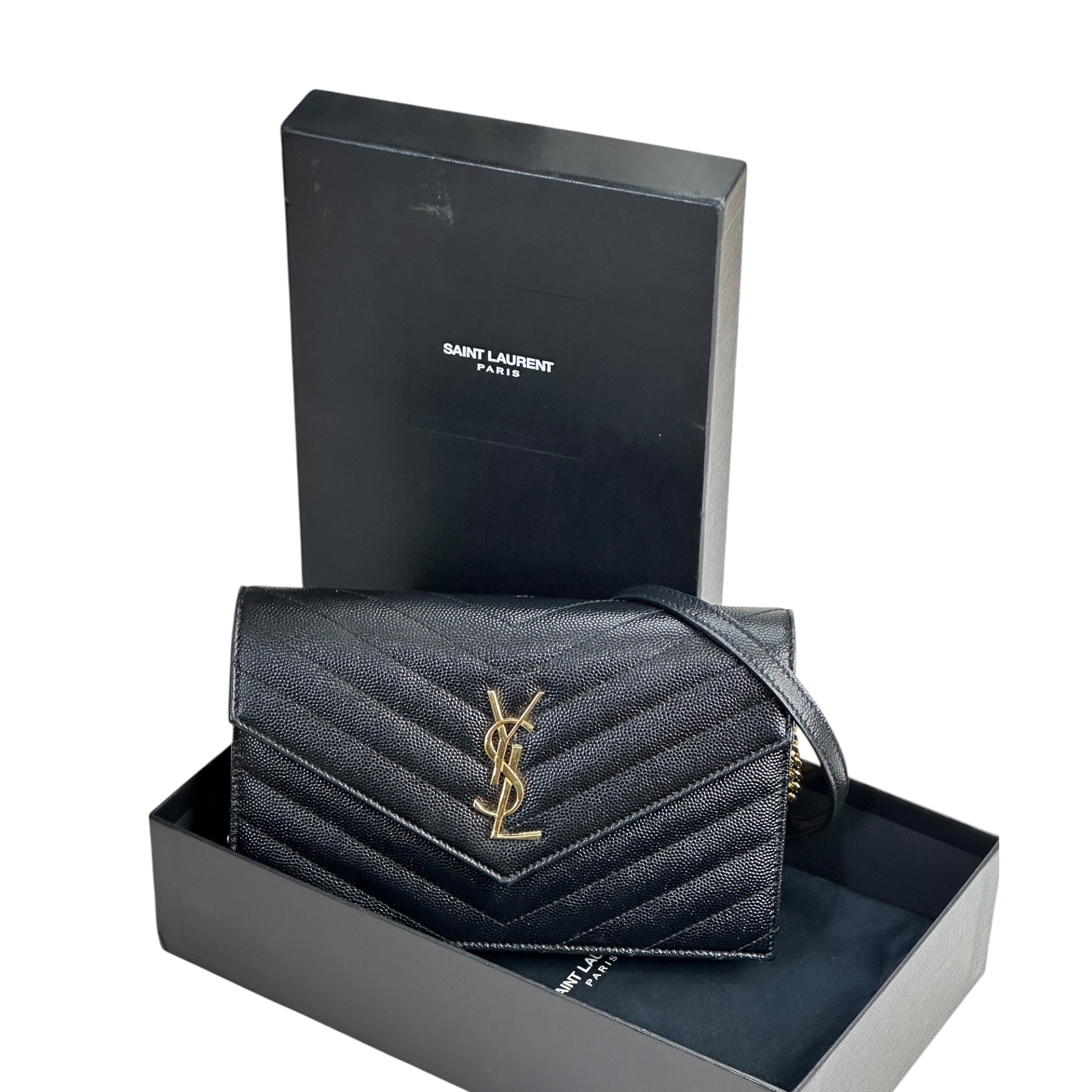 Saint Laurent Cassandre Envelope Wallet on Chain Black Grain De Poudre