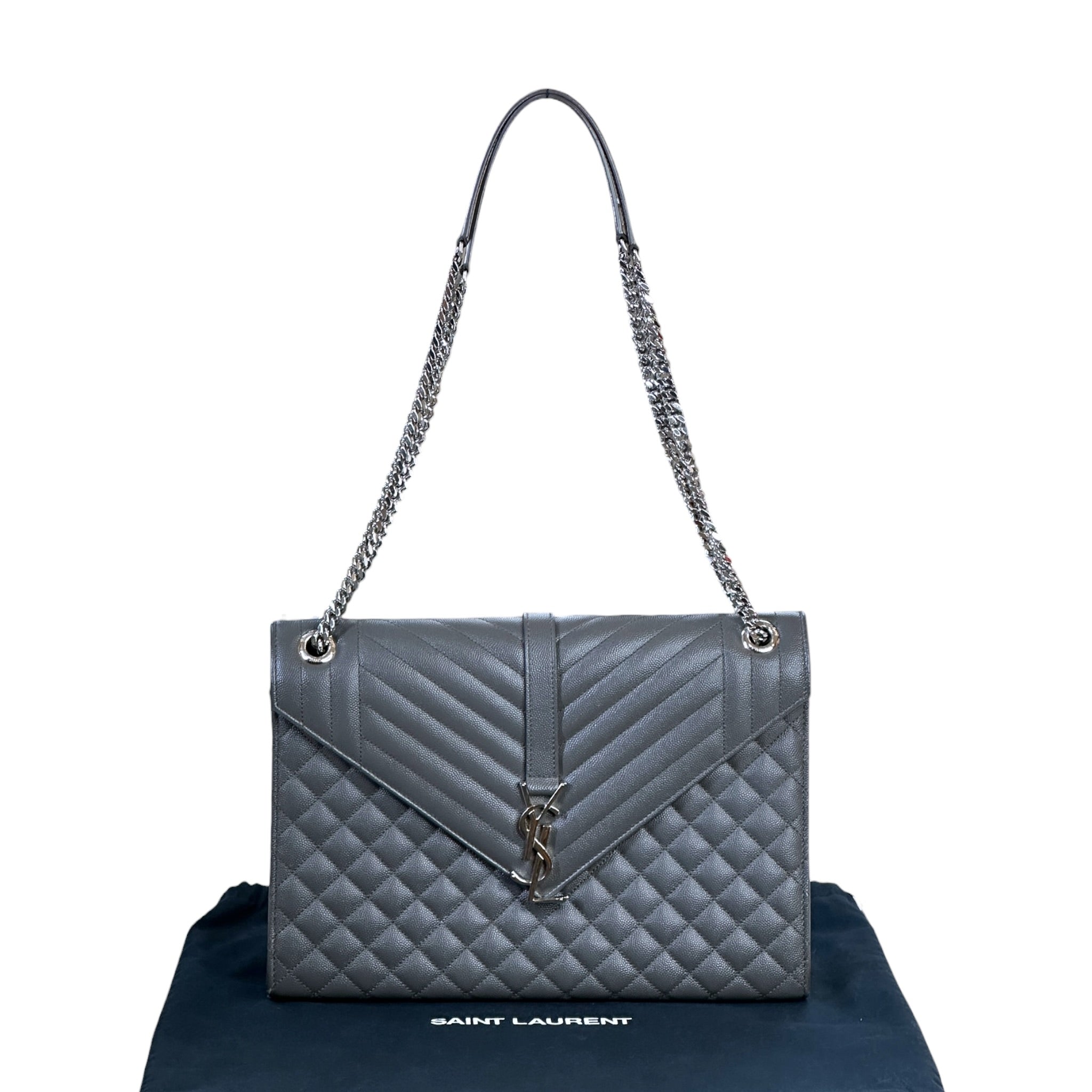 Saint Laurent Envelope Shoulder Bag Grey Quilted Grain De Poudre