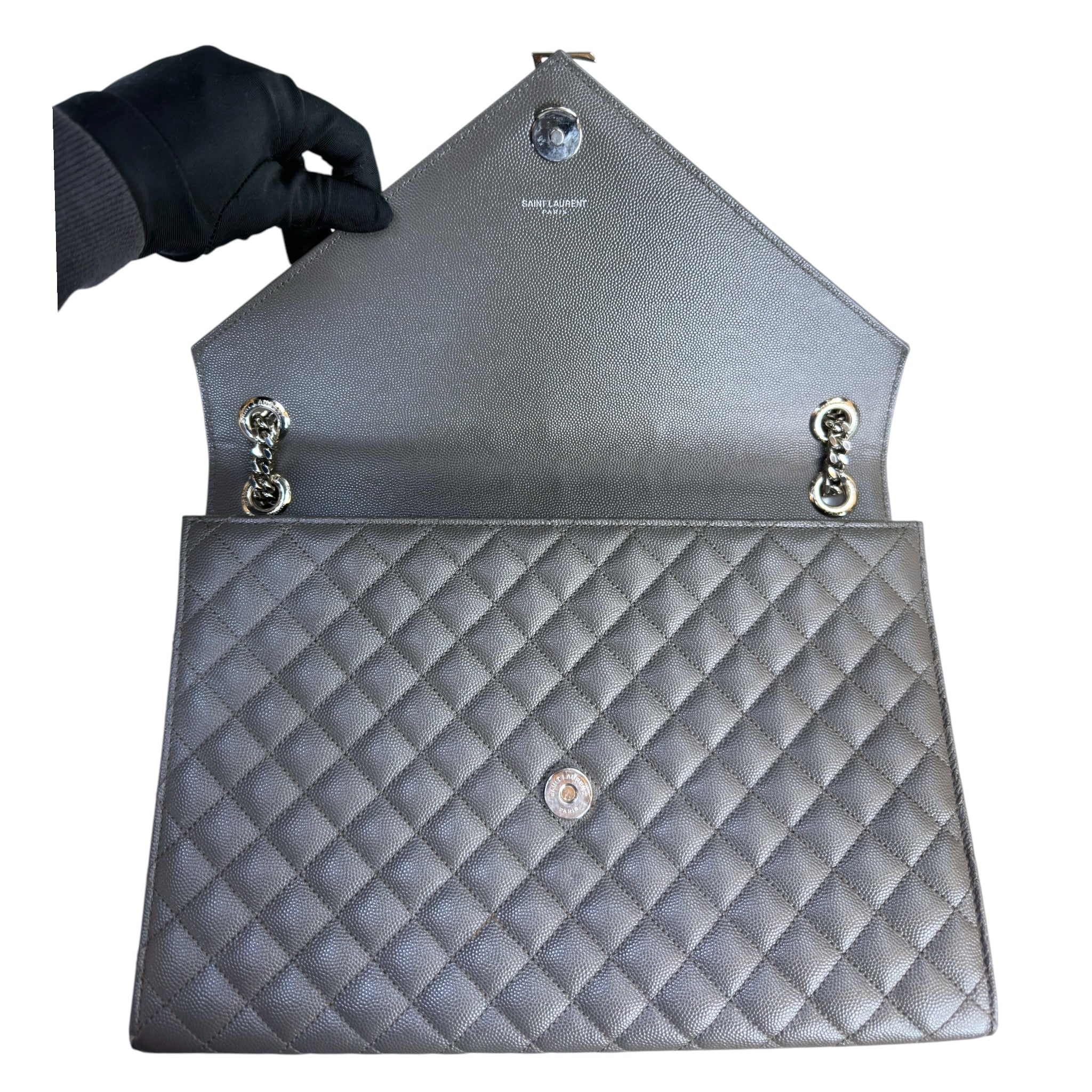 Saint Laurent Envelope Shoulder Bag Grey Quilted Grain De Poudre