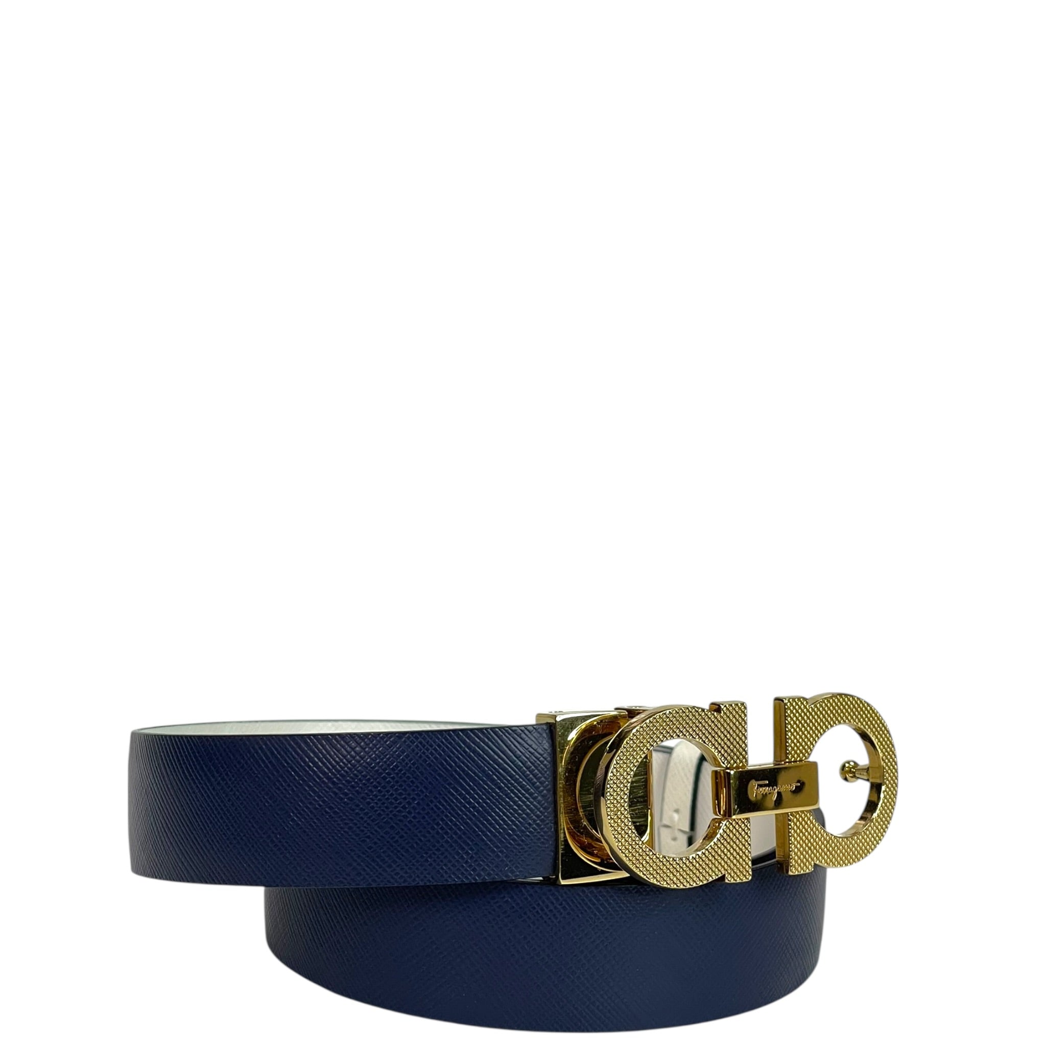 Salvatore Ferragamo Reversible Gancini Belt Blue Whilte Leather 76cm