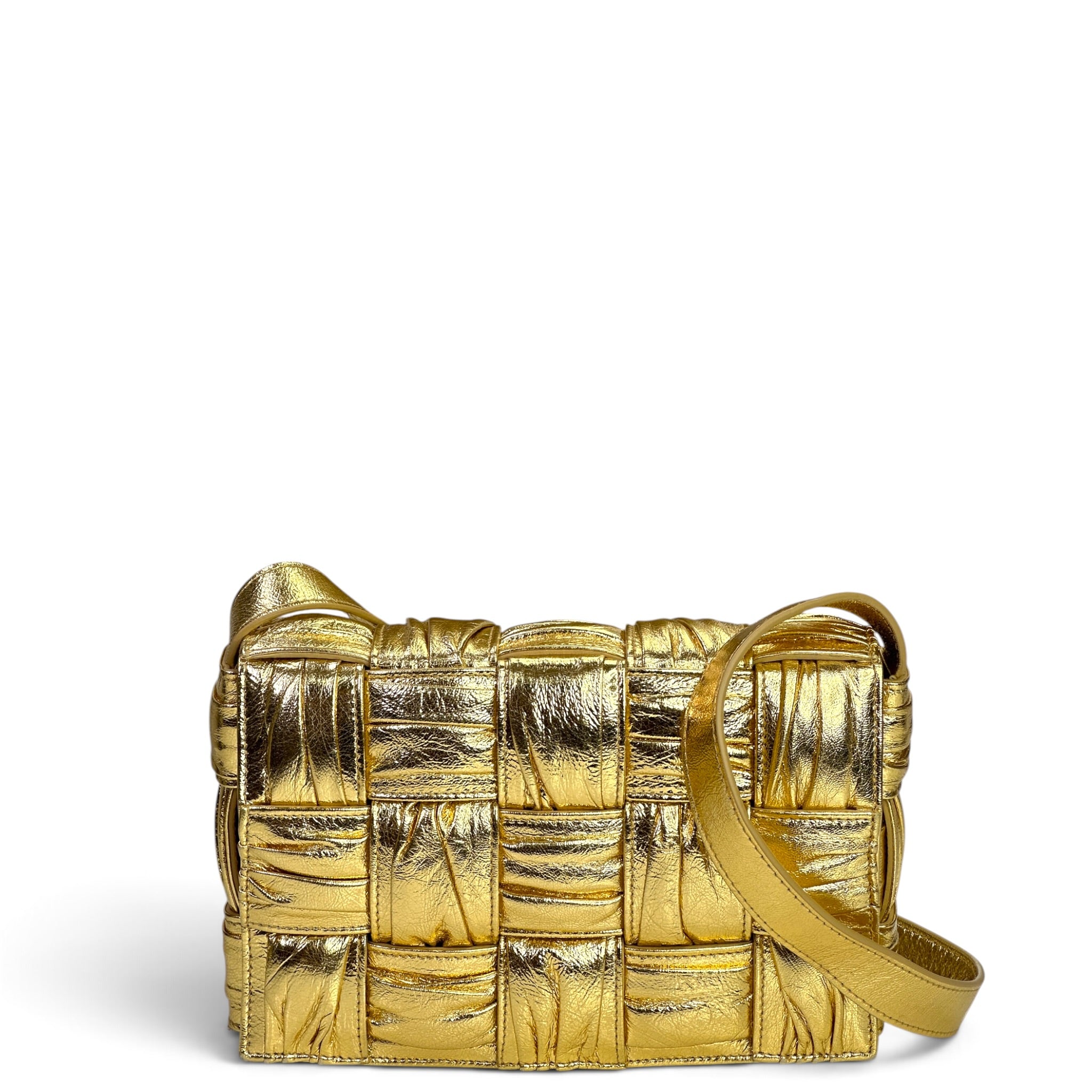  Bottega Veneta Padded Casette Metallic Gold Lambskin Leather Crossbody Bag