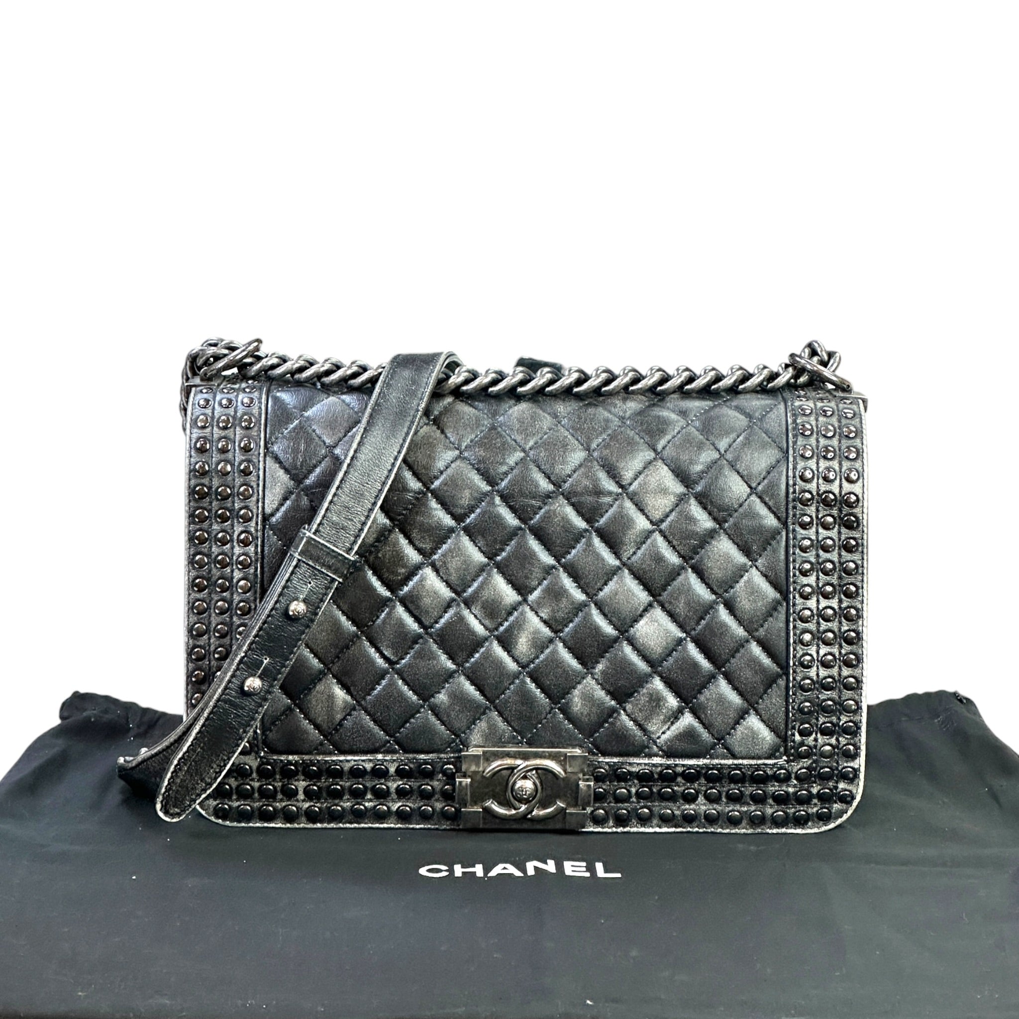 Chanel Boy Bag New Medium Paris-Dallas Studded Black Leather