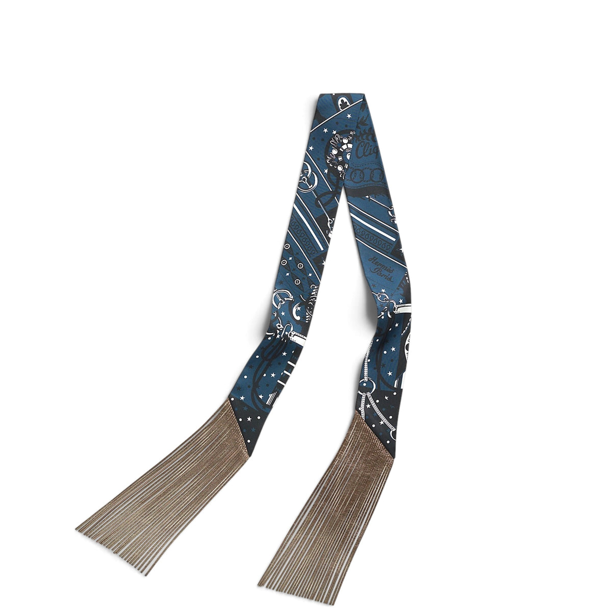 Hermes Bandana Blue Silk with Leather Fringes Twilly Scarf