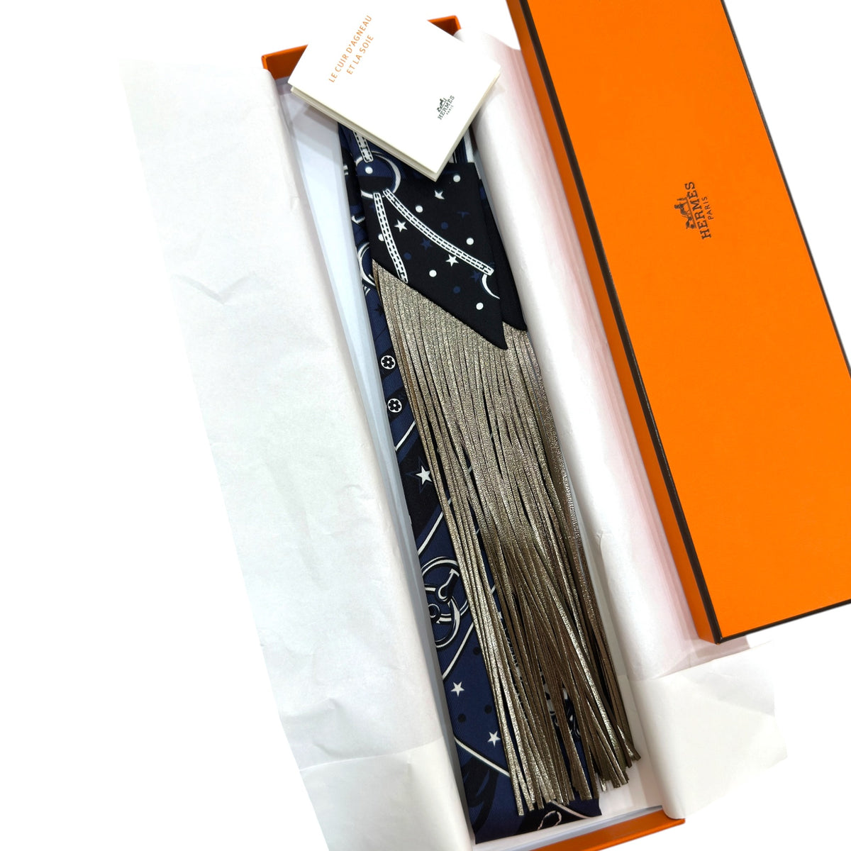 Hermes Bandana Blue Silk with Leather Fringes Twilly Scarf