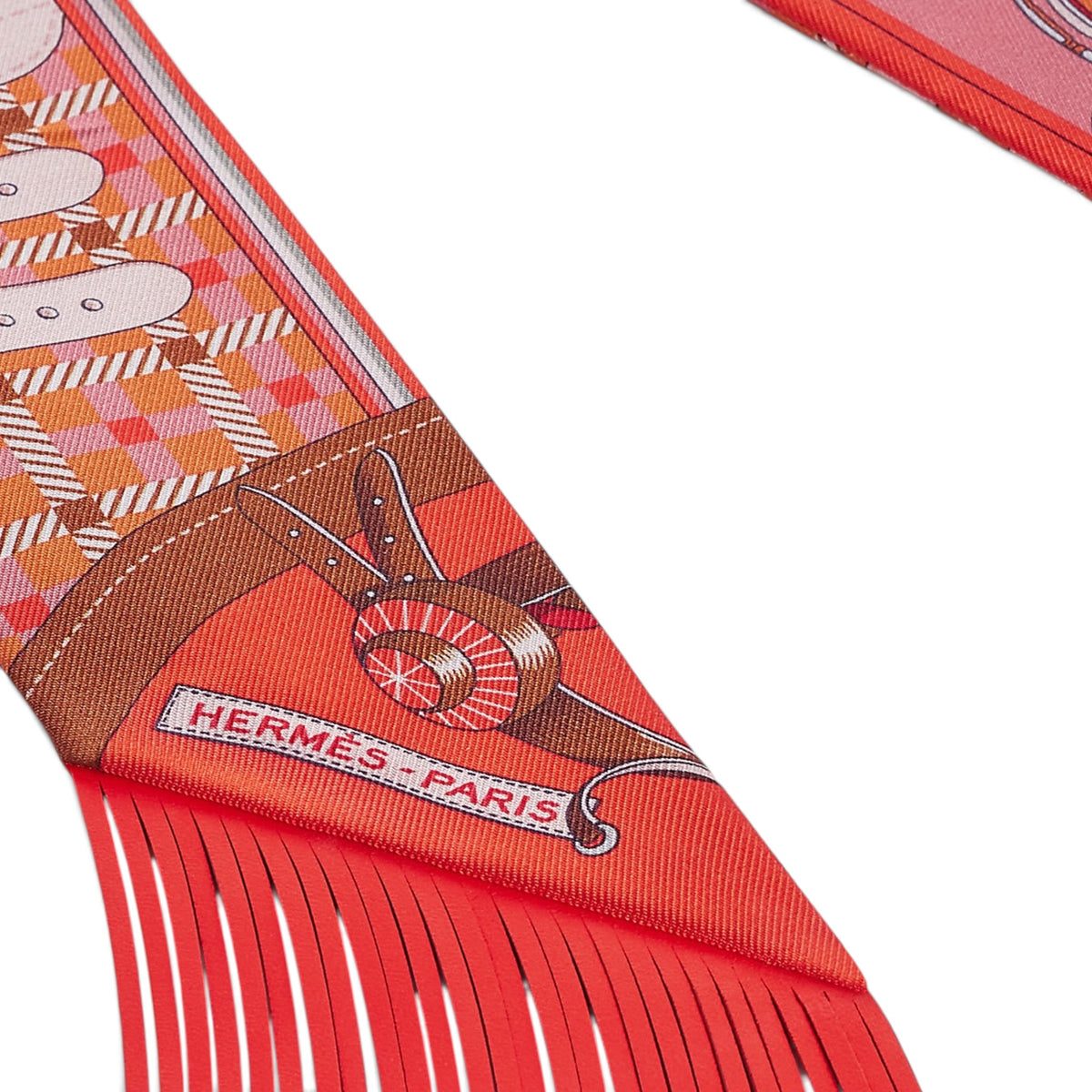 Hermes Bandana Orange Silk with Leather Fringes Twilly Scarf