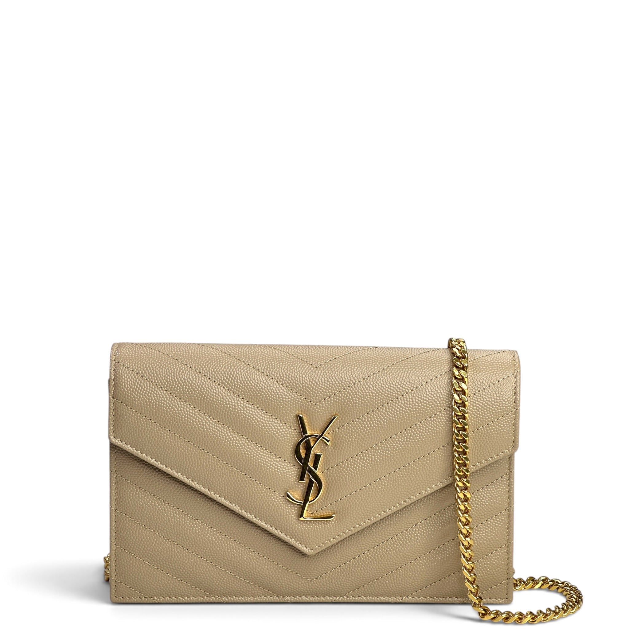 Saint Laurent Cassandre Envelope Beige Grain De Poudre Leather Chain Wallet
