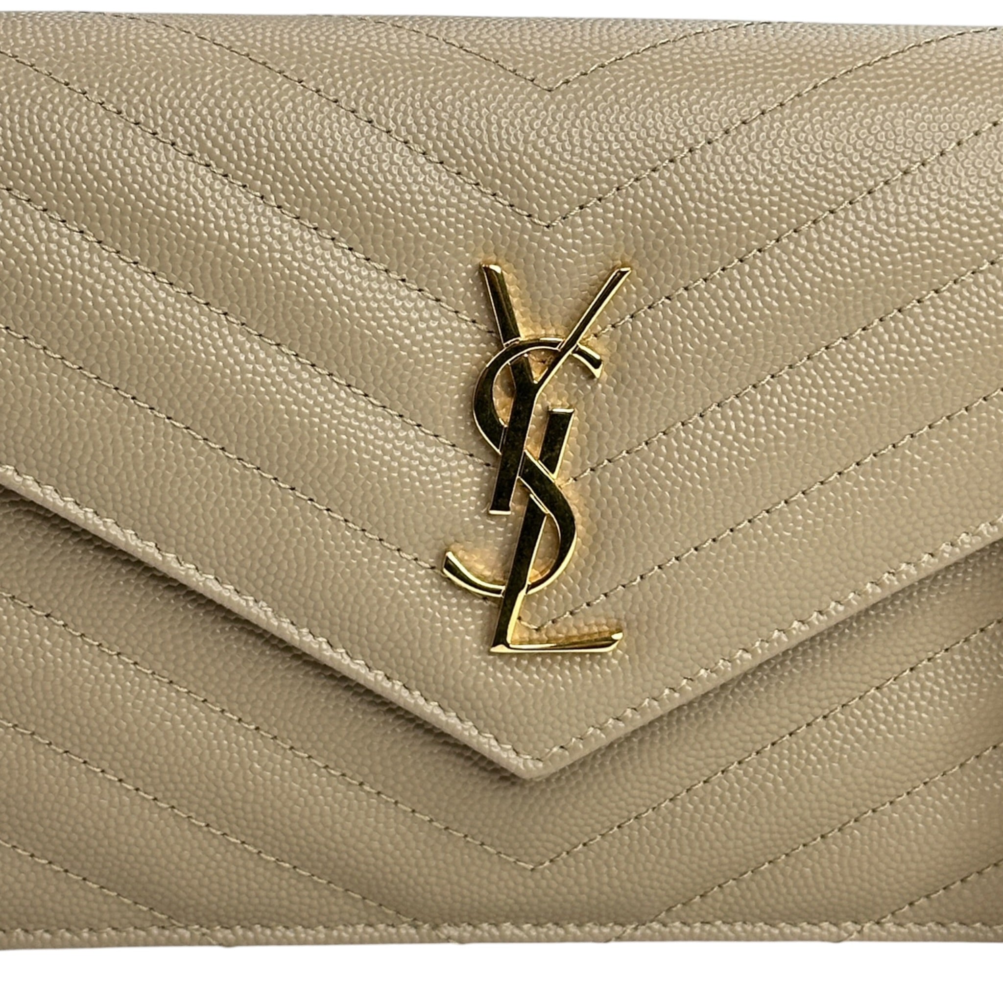 Saint Laurent Cassandre Envelope Beige Grain De Poudre Leather Chain Wallet