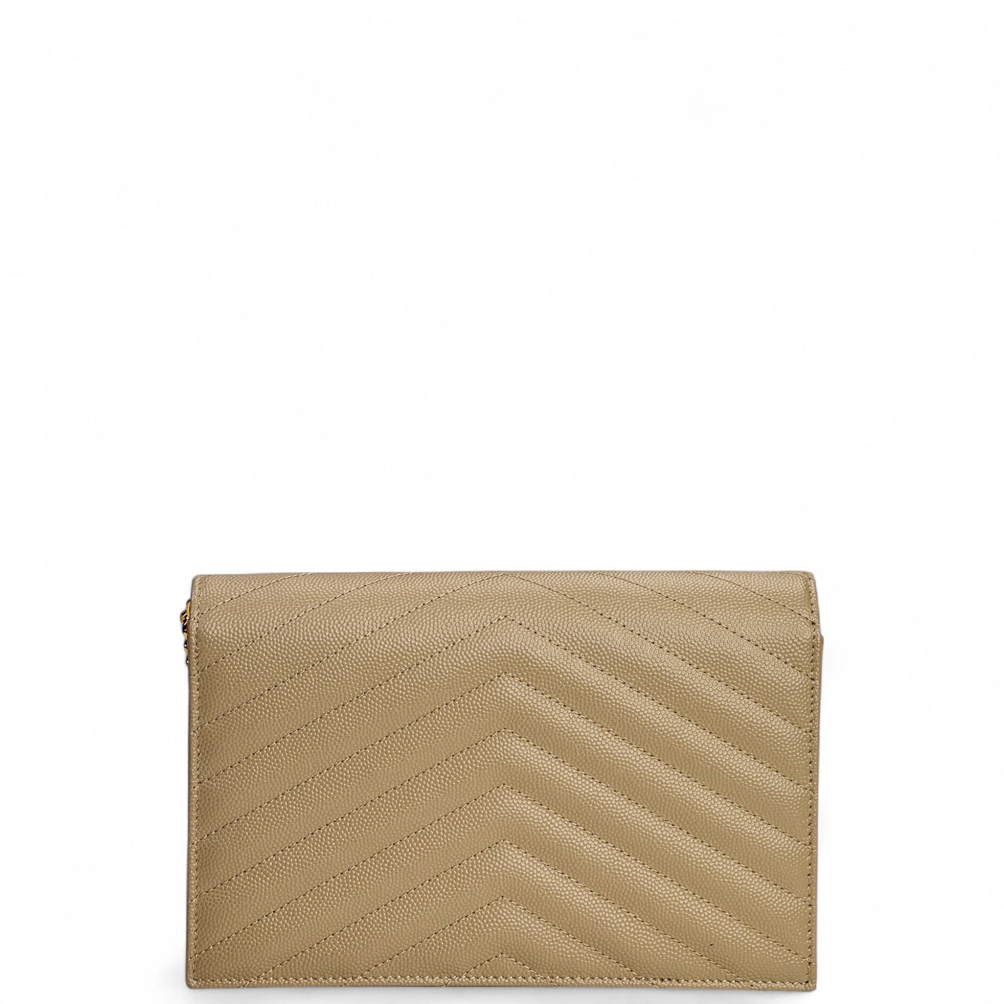 Saint Laurent Cassandre Envelope Beige Grain De Poudre Leather Chain Wallet