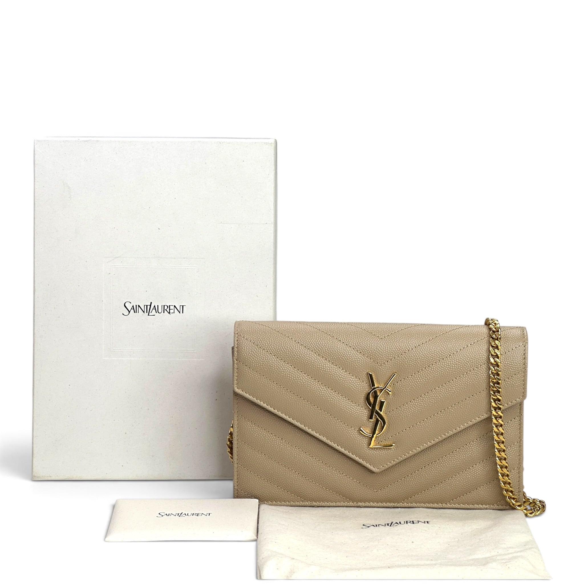 Saint Laurent Cassandre Envelope Beige Grain De Poudre Leather Chain Wallet