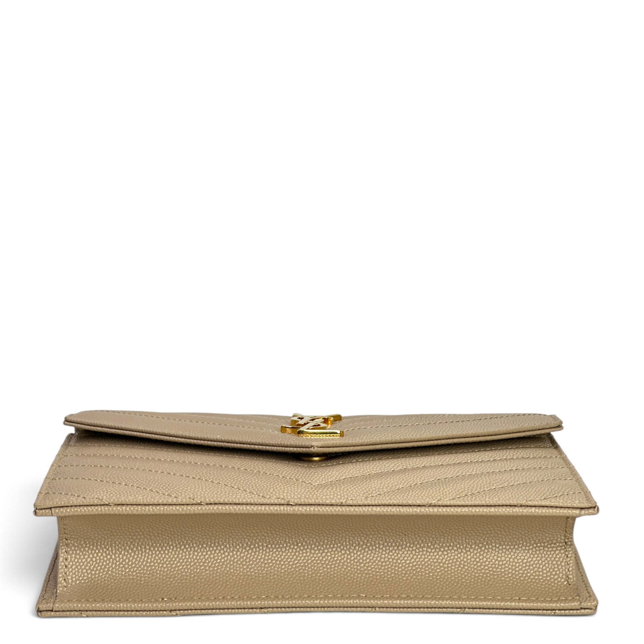 Saint Laurent Cassandre Envelope Beige Grain De Poudre Leather Chain Wallet