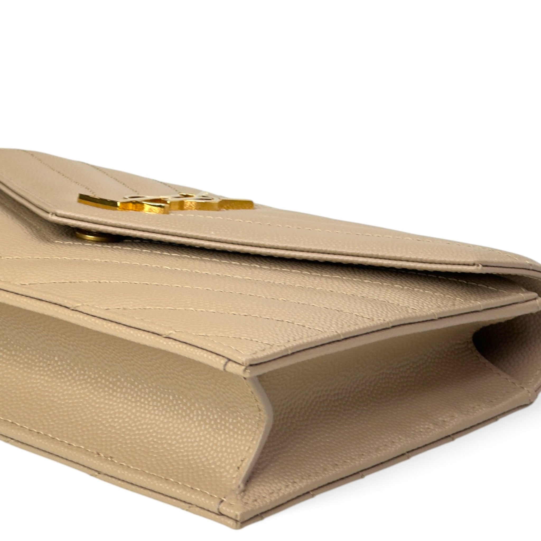 Saint Laurent Cassandre Envelope Beige Grain De Poudre Leather Chain Wallet