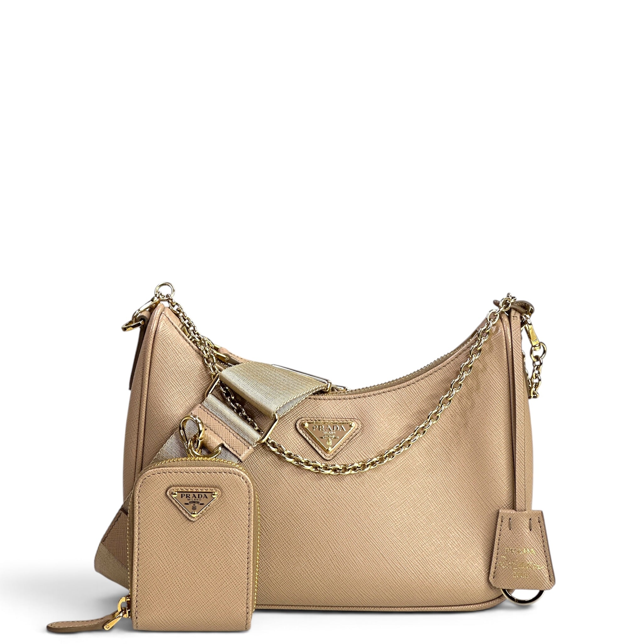 Prada Re-Edition 2005 Neutral Saffiano Leather Shoulder Bag