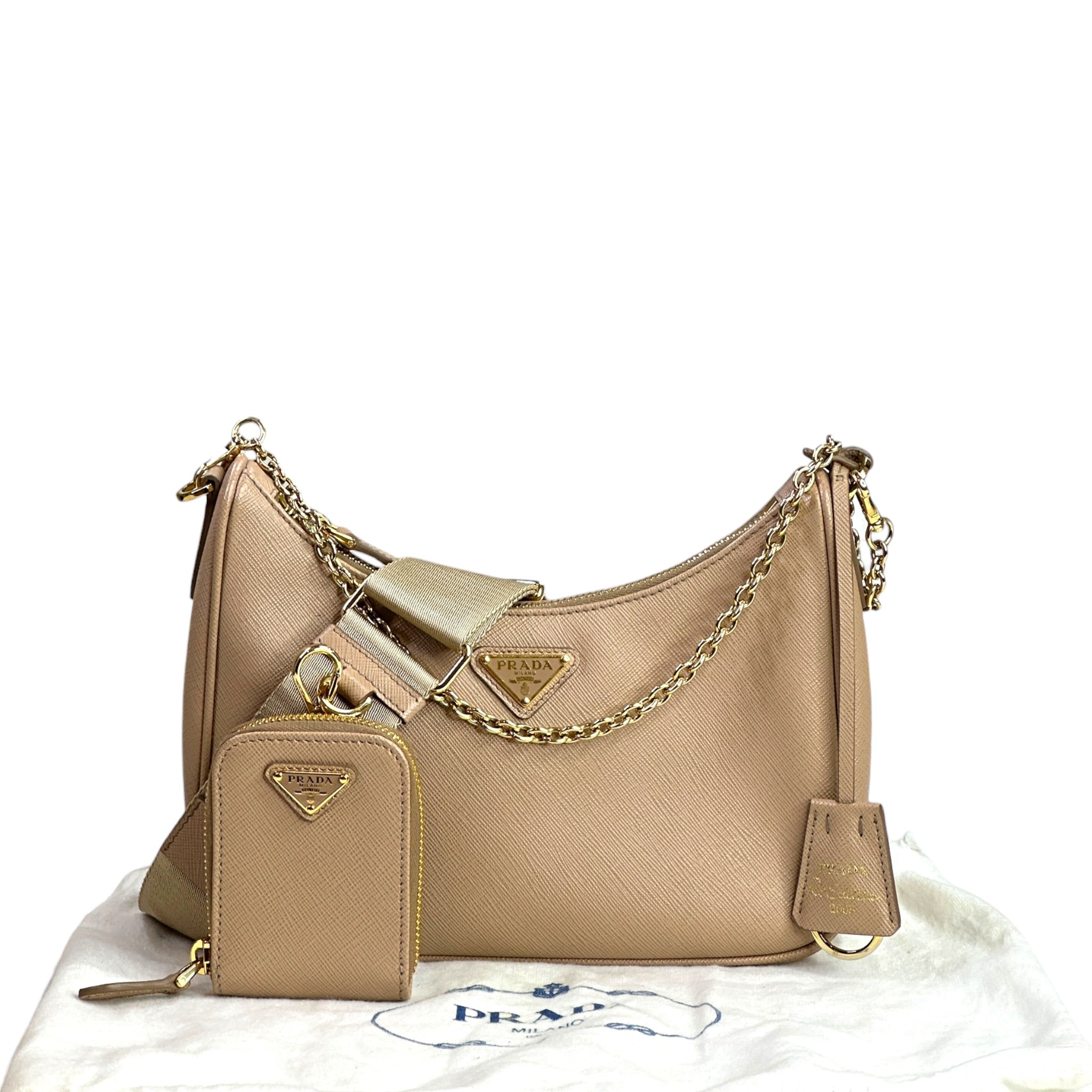 Prada Re-Edition 2005 Neutral Saffiano Leather Shoulder Bag