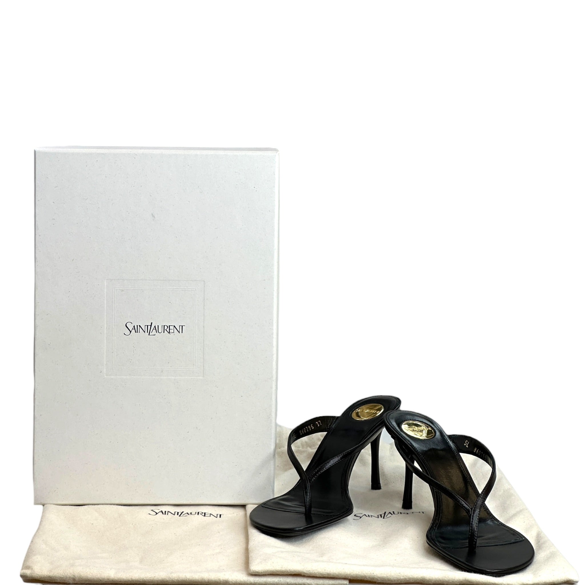 Saint Laurent Sue Thong Mule Sandals Black Leather Size EU 37