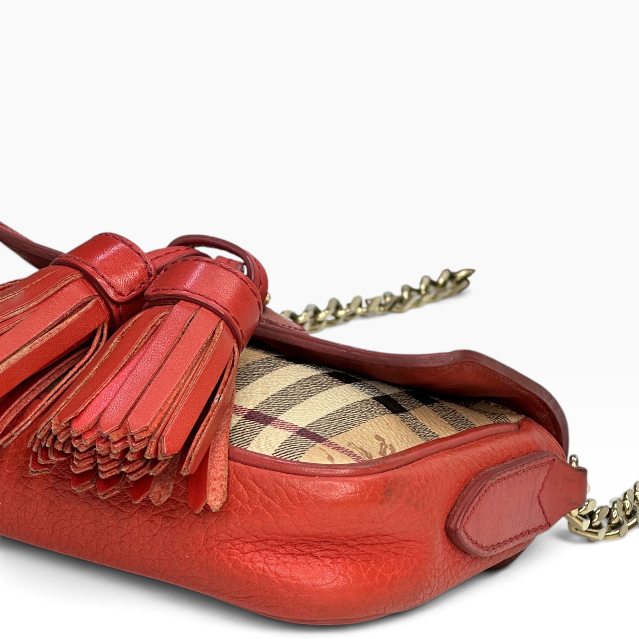 Burberry Haymarket CheckTassel Coral Crossbody Bag